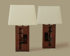 Mahogany Wood Foundry Table Lamps - Pair - Vintage