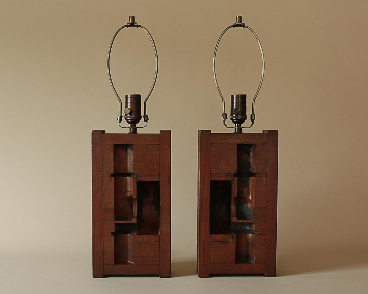 Oiled Mahogany Wood Foundry Table Lamps - Pair - Vintage 