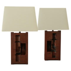 Mahogany Wood Foundry Table Lamps - Pair - Vintage 