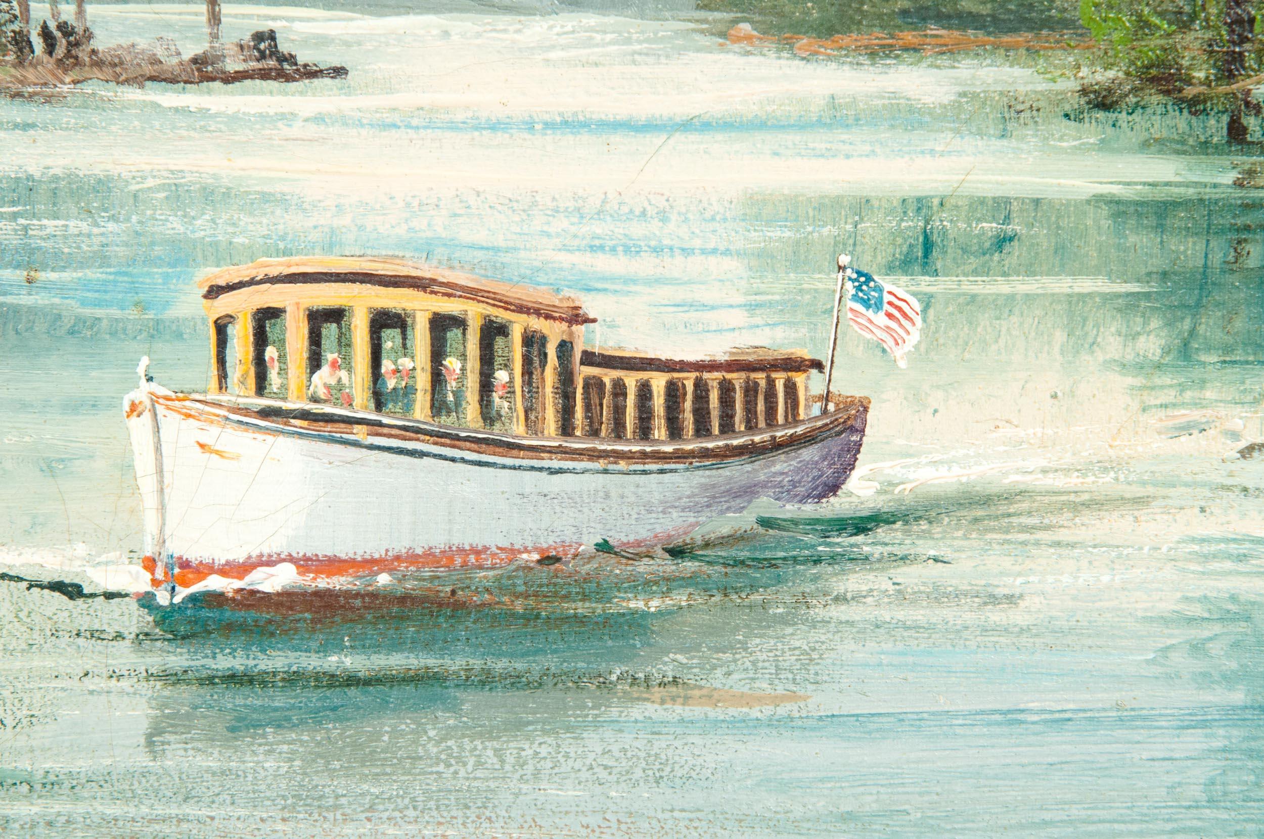 Mahogany wood frame oil on canvas painting house boat on the river . Artist signature and dated 1932 . The canvas measure about 39 inches long x 26 inches wide. The wood frame is about 44 inches long x 31 inches wide. The painting is in great