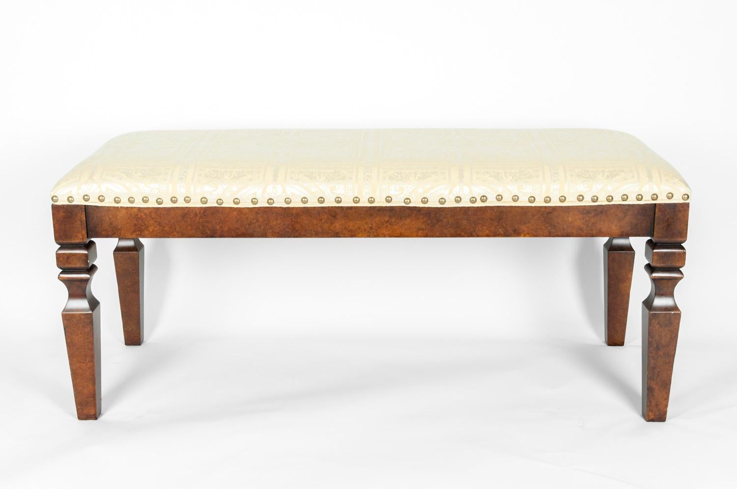 Mahogany wood framed bench. The bench is in excellent condition. The upholstery is immaculate. The bench measure about 48 inches length x 20 inches width x 19 inches high.