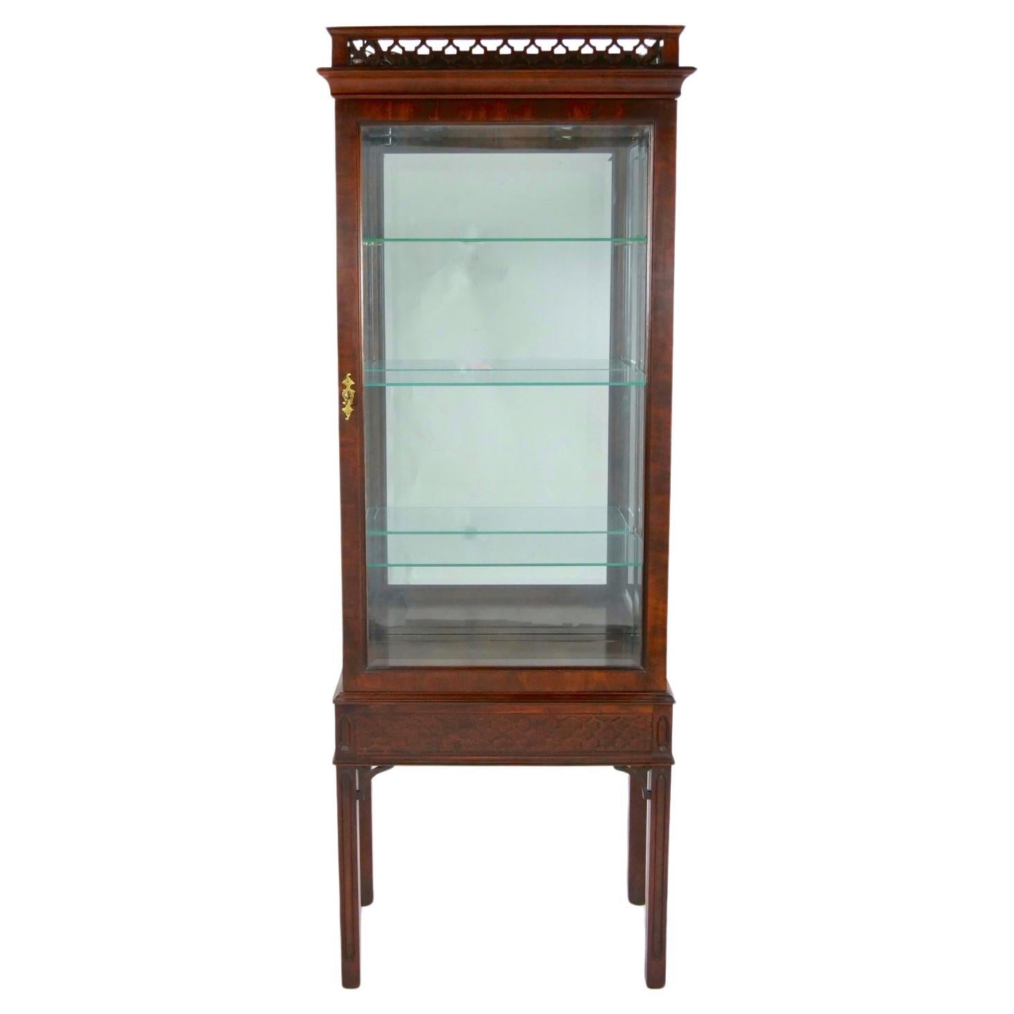 Mahogany Wood Framed Mirrored Back Display Vitrine Cabinet / Three Glass Shelves For Sale