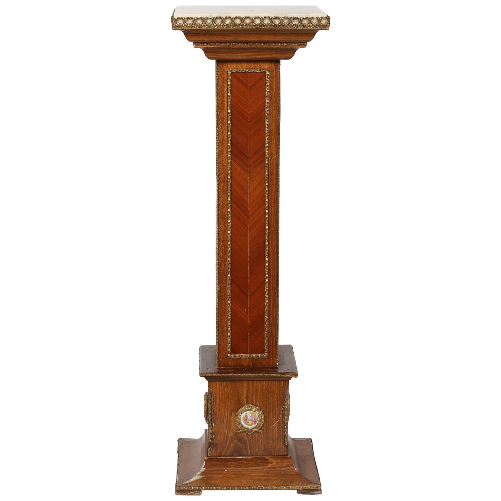 Mahogany Wood / Marble-Top Pedestal / Plant Stand