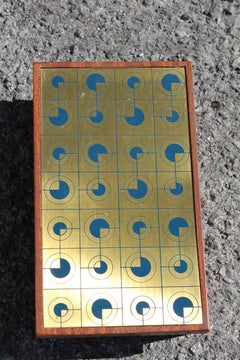 Mahogany Wood Tobacco Box with Golden and Blue Brass Lid, 1970