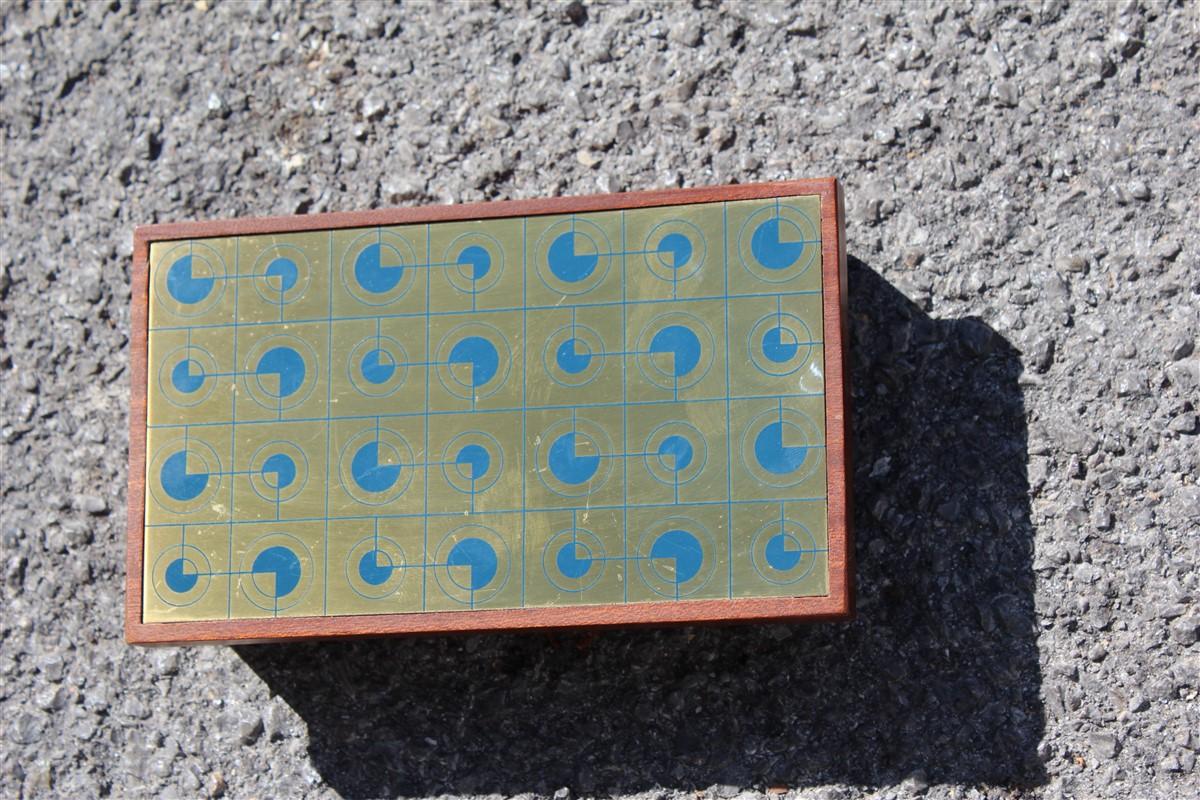 Mid-Century Modern Mahogany Wood Tobacco Box with Golden and Blue Brass Lid, 1970 For Sale