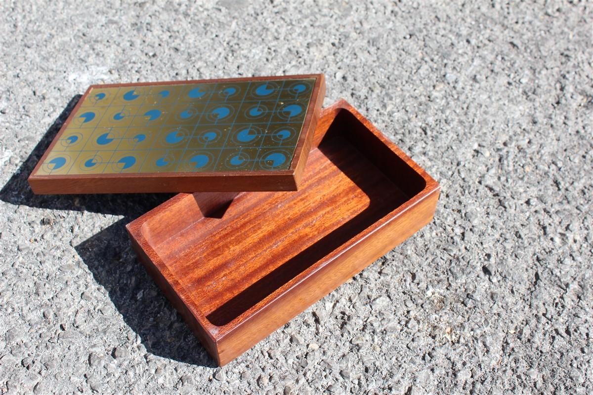 Late 20th Century Mahogany Wood Tobacco Box with Golden and Blue Brass Lid, 1970 For Sale