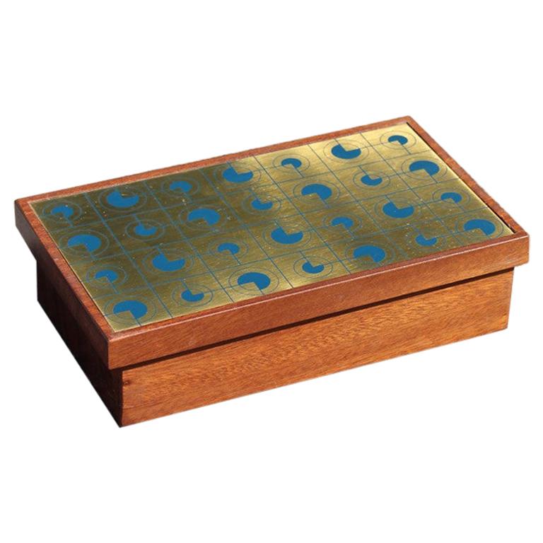 Mahogany Wood Tobacco Box with Golden and Blue Brass Lid, 1970 For Sale