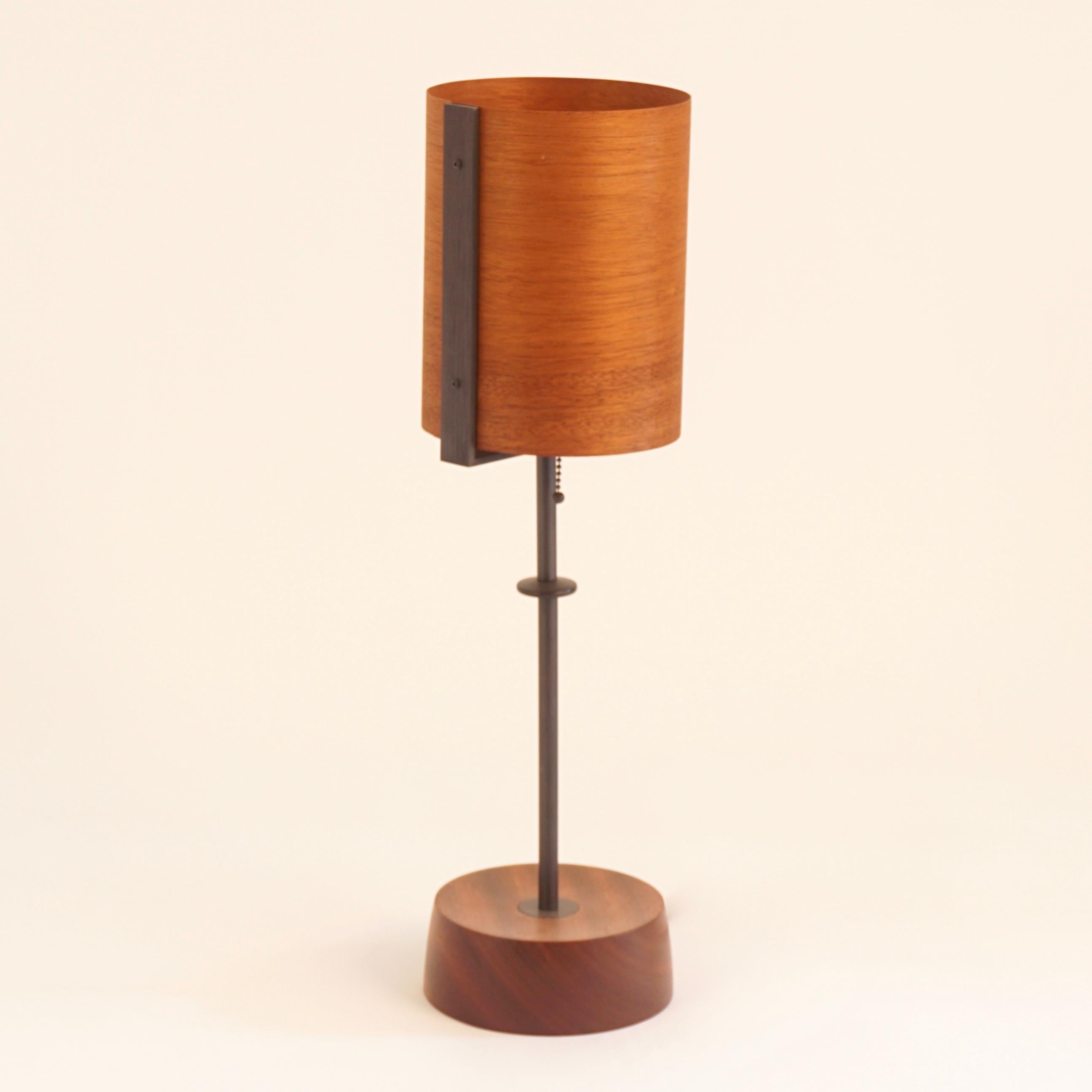 American Mahogany Wood Veneer Table Lamp #2 with Blackened Bronze Frame For Sale