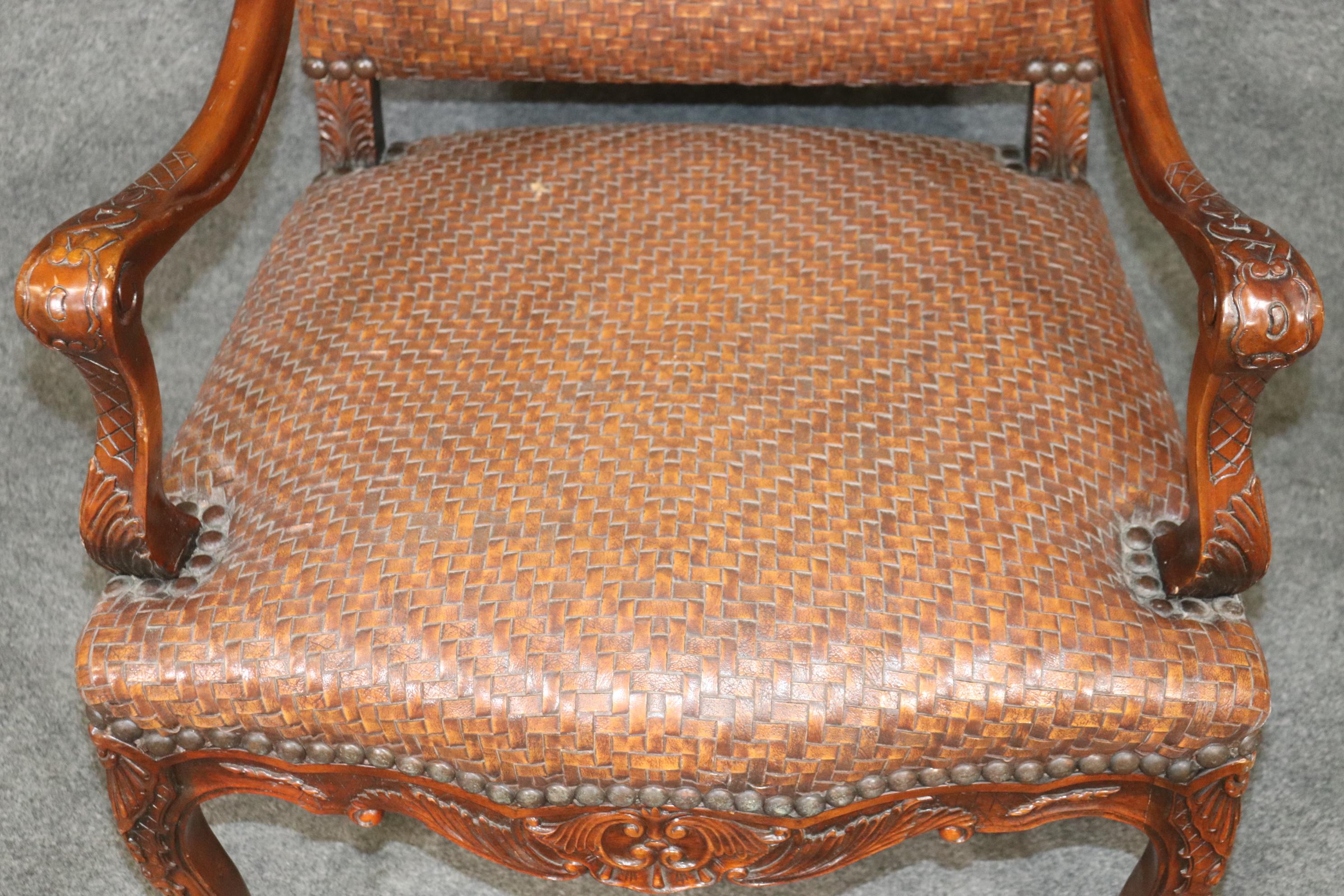 Mahogany Woven Leather Upholstered French Louis XV Theodore Alexander Armchair For Sale 7