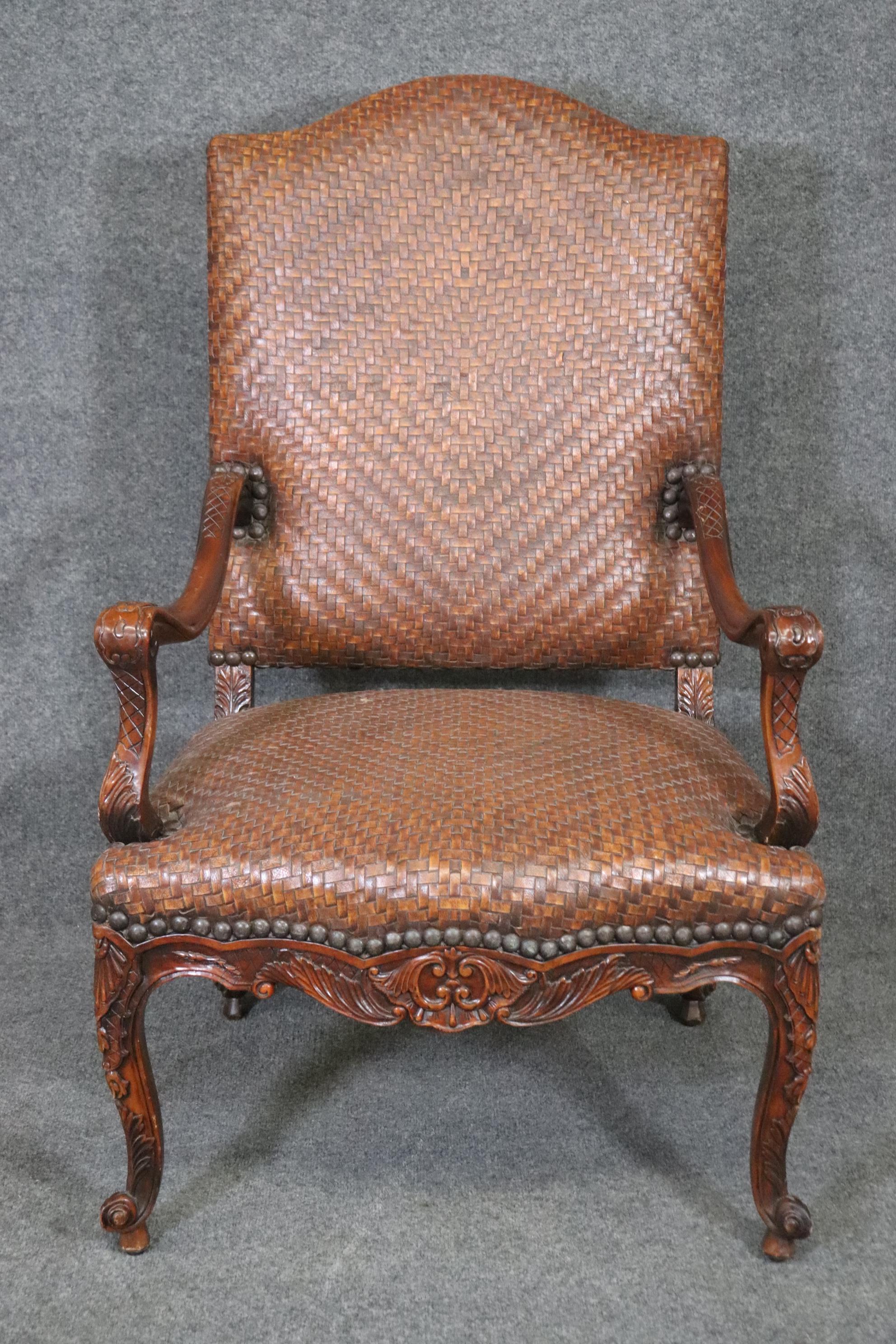 Vietnamese Mahogany Woven Leather Upholstered French Louis XV Theodore Alexander Armchair For Sale
