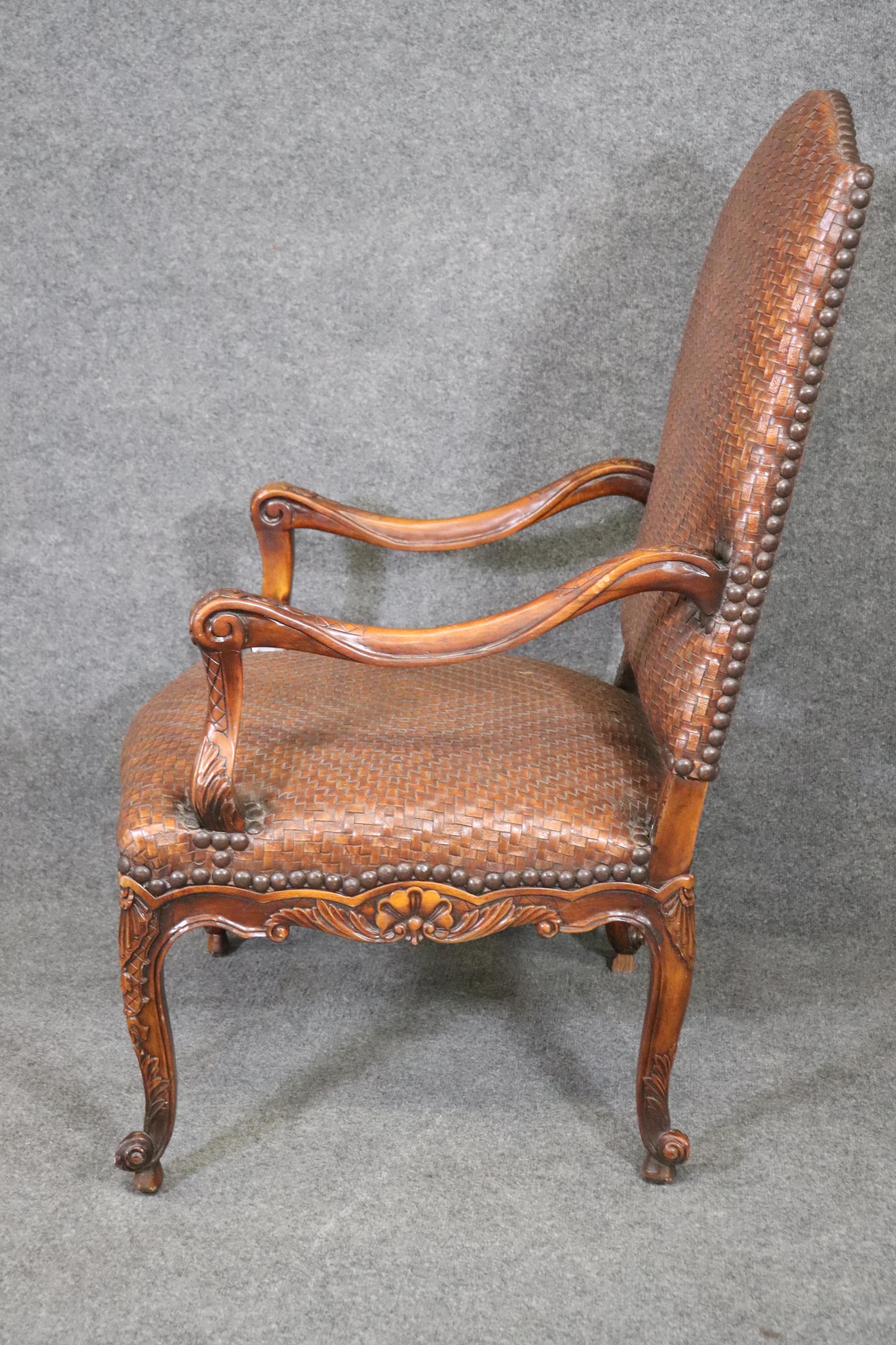 Mahogany Woven Leather Upholstered French Louis XV Theodore Alexander Armchair In Good Condition For Sale In Swedesboro, NJ