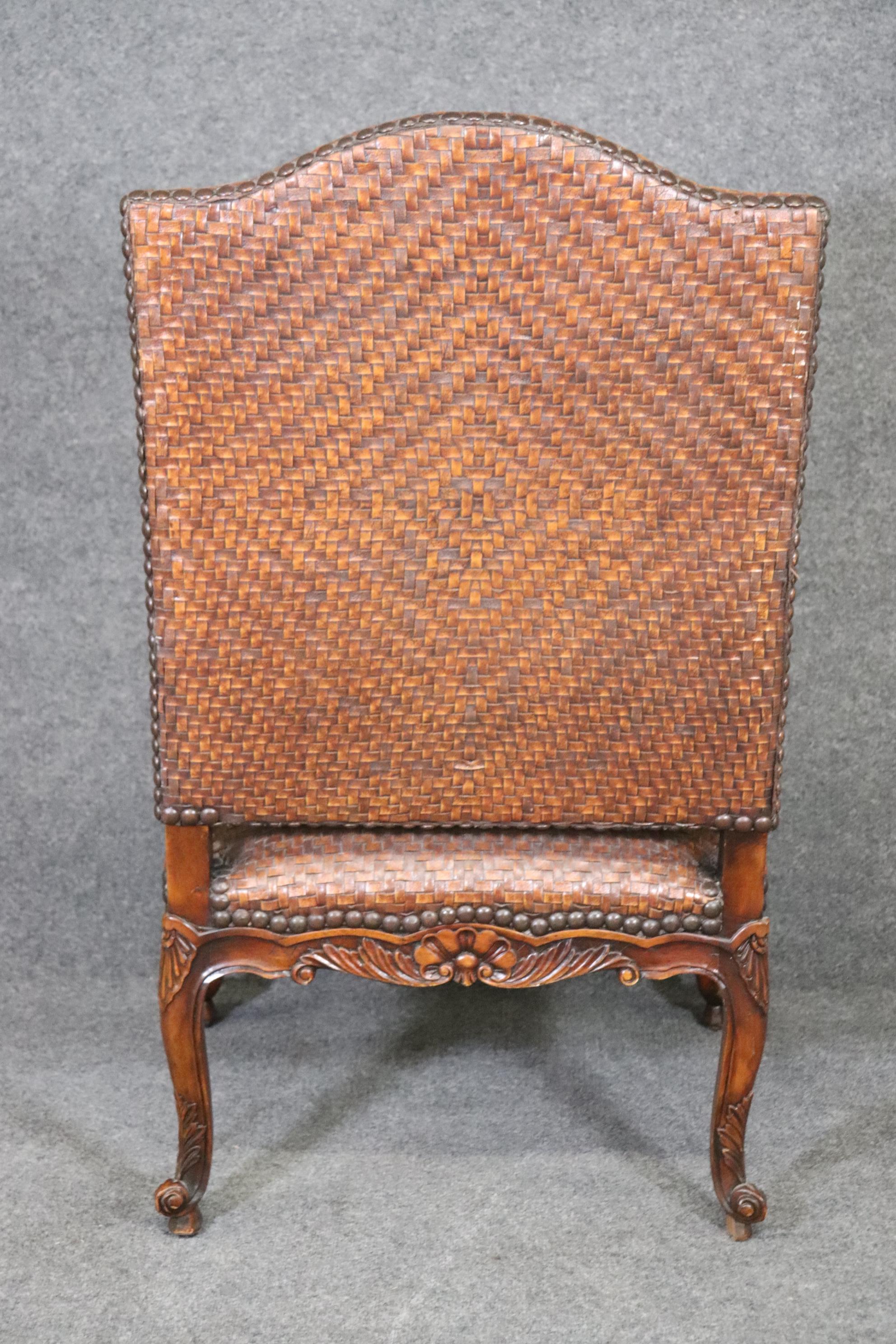 Contemporary Mahogany Woven Leather Upholstered French Louis XV Theodore Alexander Armchair For Sale