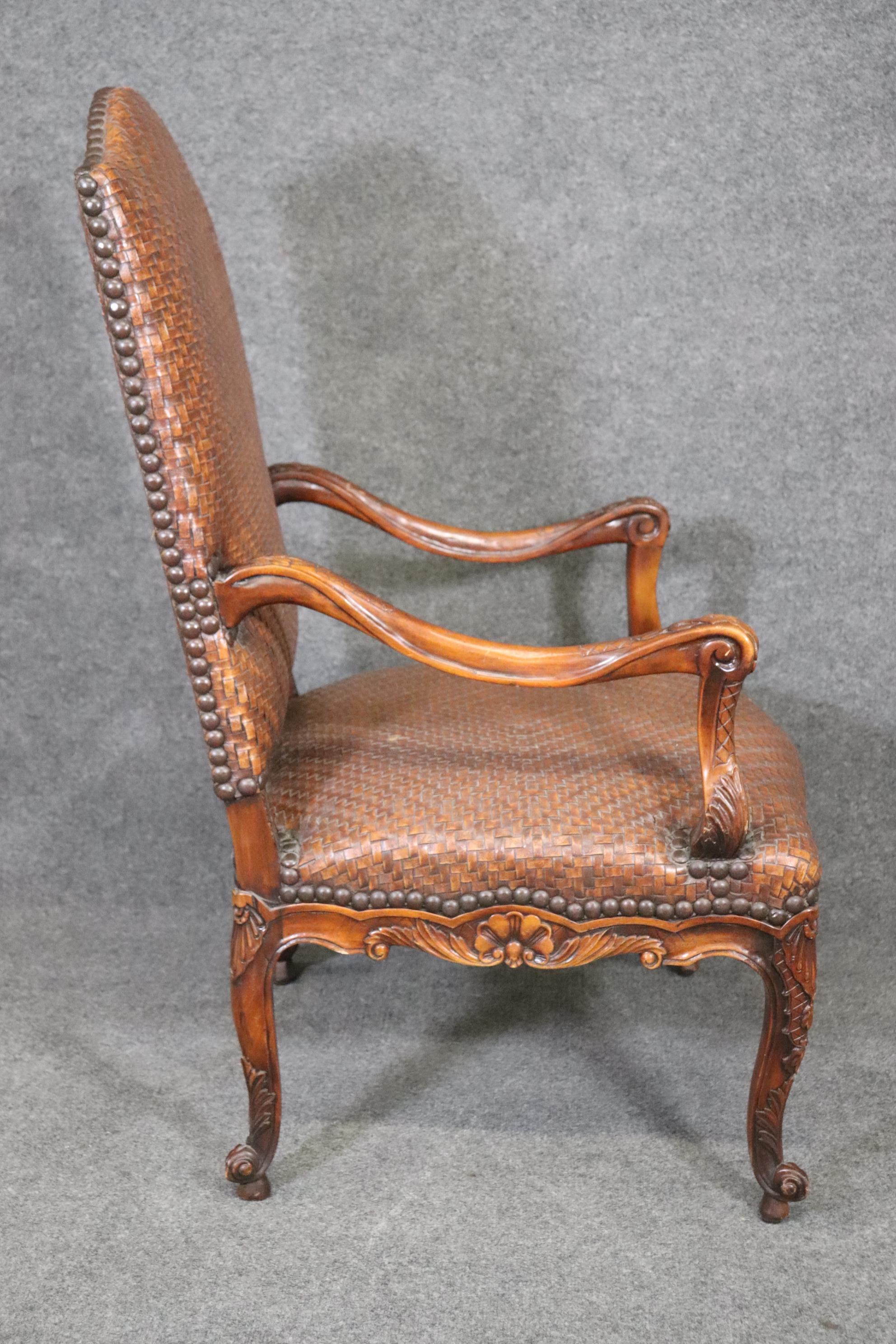 Mahogany Woven Leather Upholstered French Louis XV Theodore Alexander Armchair For Sale 1