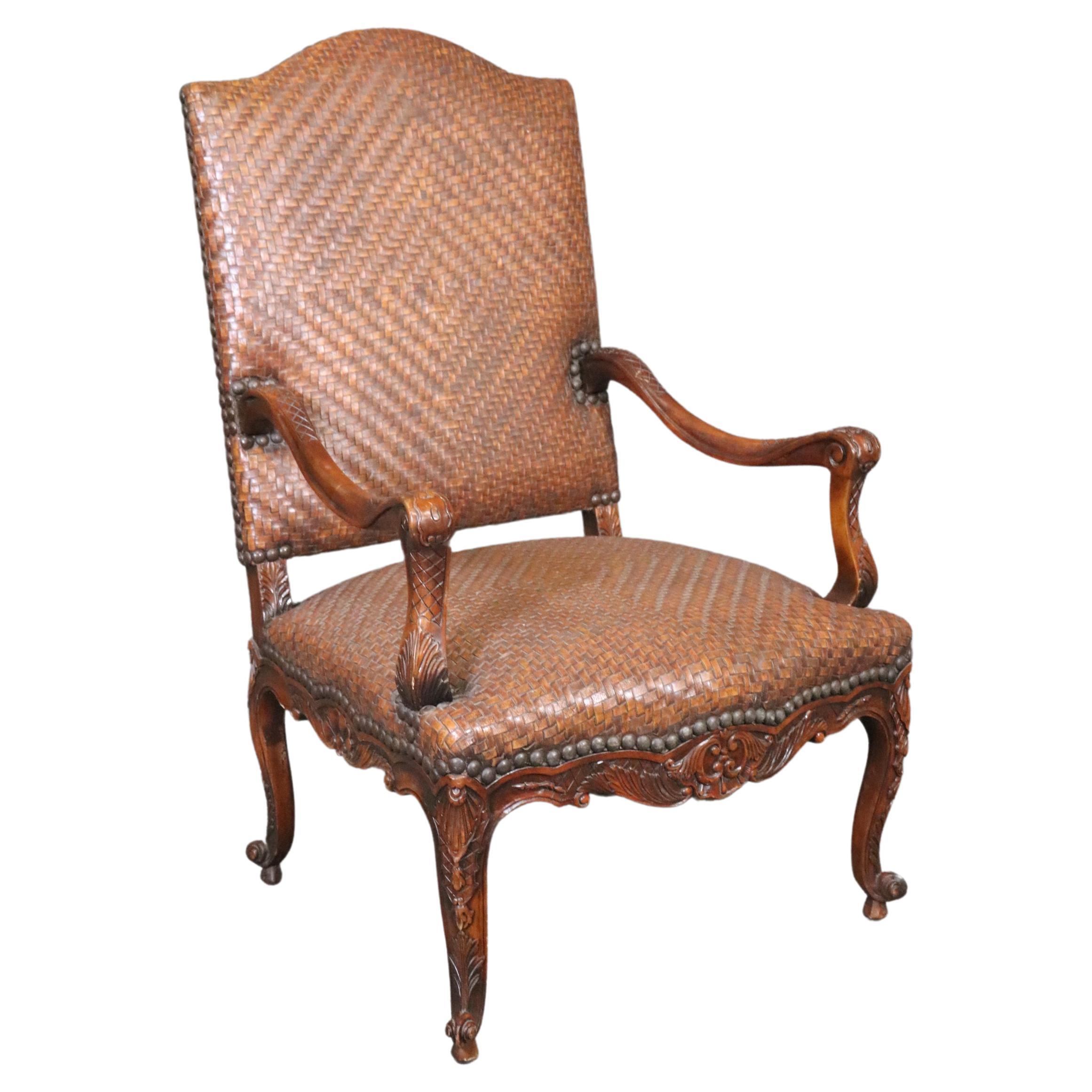 Mahogany Woven Leather Upholstered French Louis XV Theodore Alexander Armchair For Sale