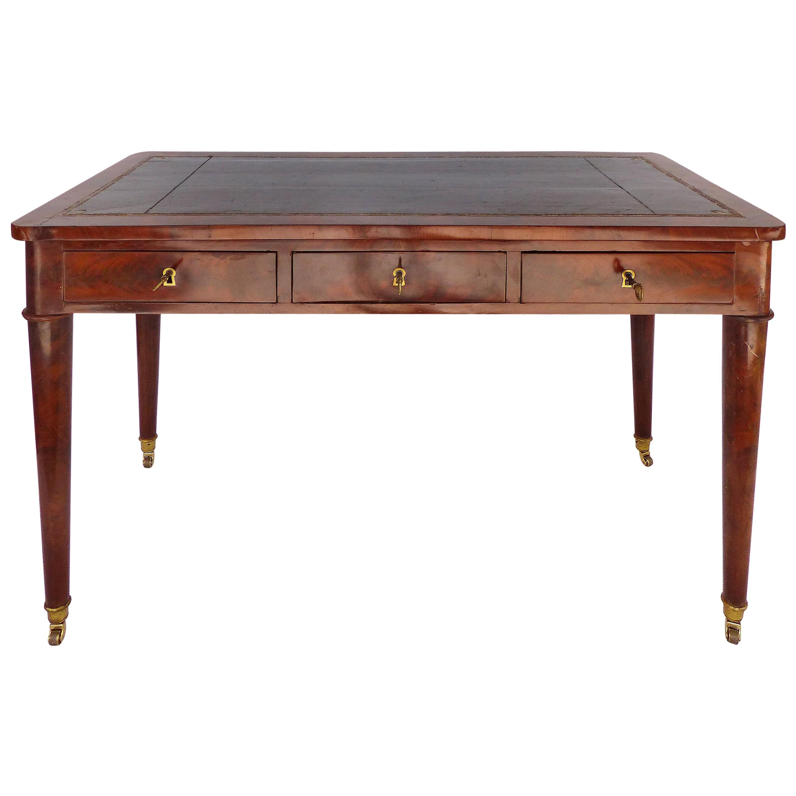 19th-Century Mahogany Writing Desk with Tapering Legs and Embossed Leather Top
