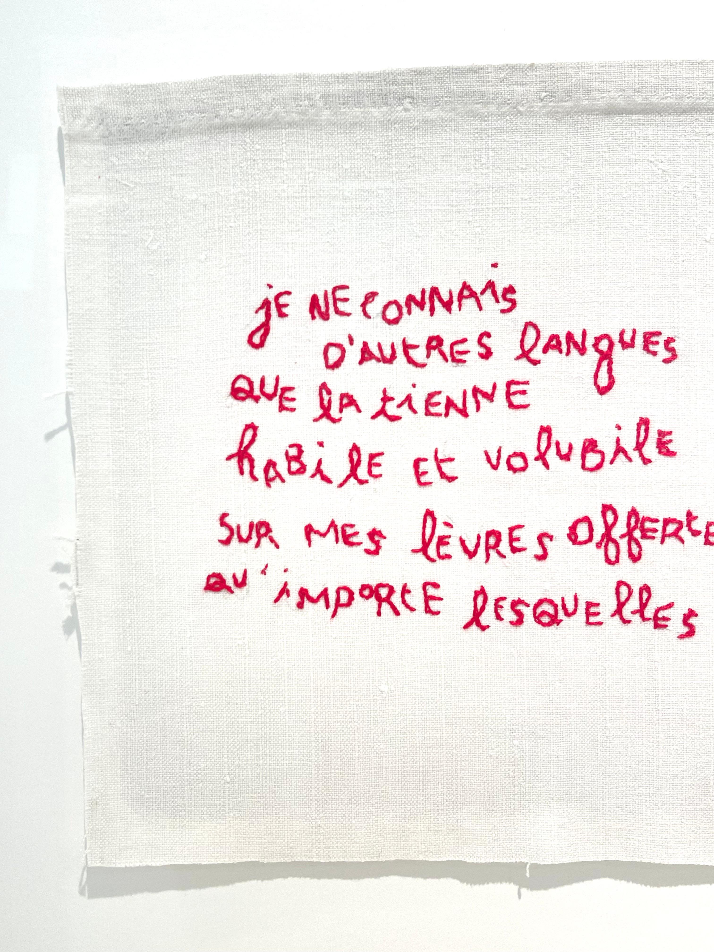 Magnificent original verses by Mai Khanh Pham To, hand-embroidered on mottled linen, framed under glass. This poignant embroidery is part of the 'Venus Erotica' Series, dedicated to exploring a feminine voice of desire, pleasure, eroticism and