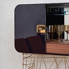 Mai Tai Blue-Black Wooden & Golden Metal Bar Cabinet