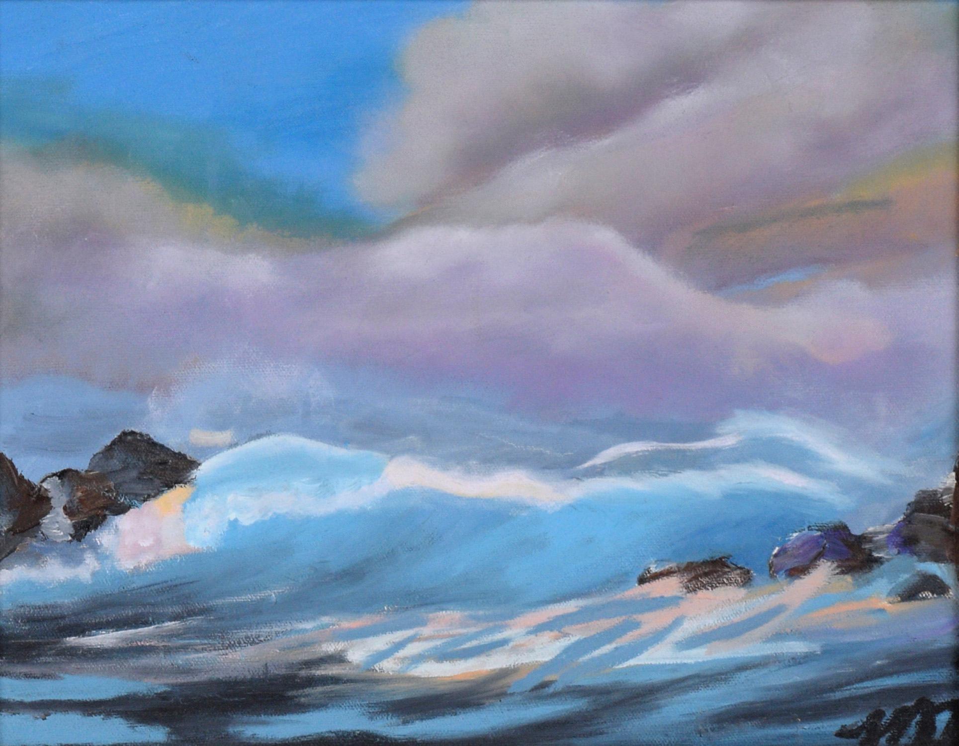 Waves Crashing Under Purple Clouds – Meereslandschaft, Original, Öl auf Leinwand – Painting von Mai Tracy Kikuchi