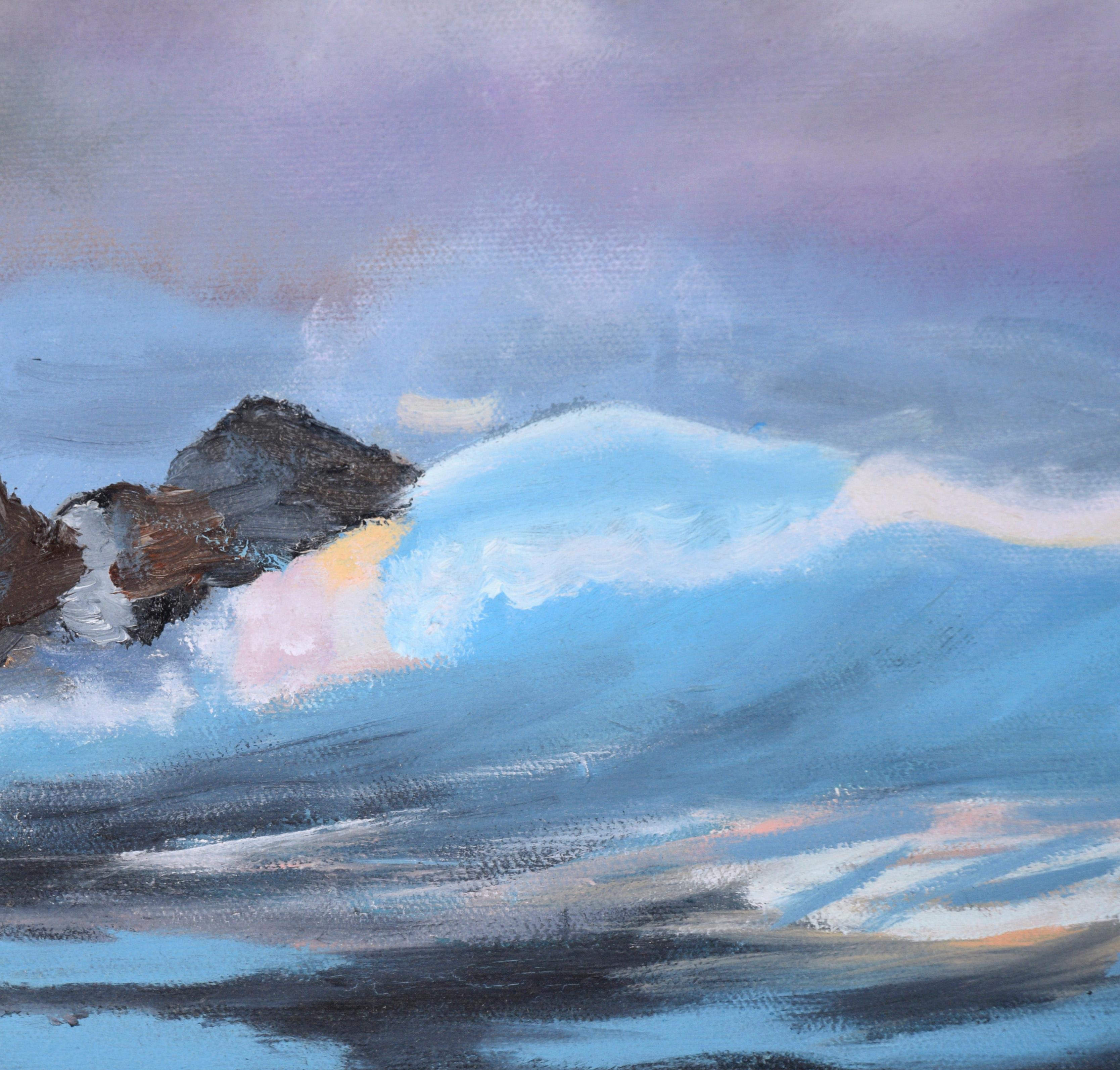 Waves Crashing Under Purple Clouds - Seascape Original Oil on Canvas For Sale 1