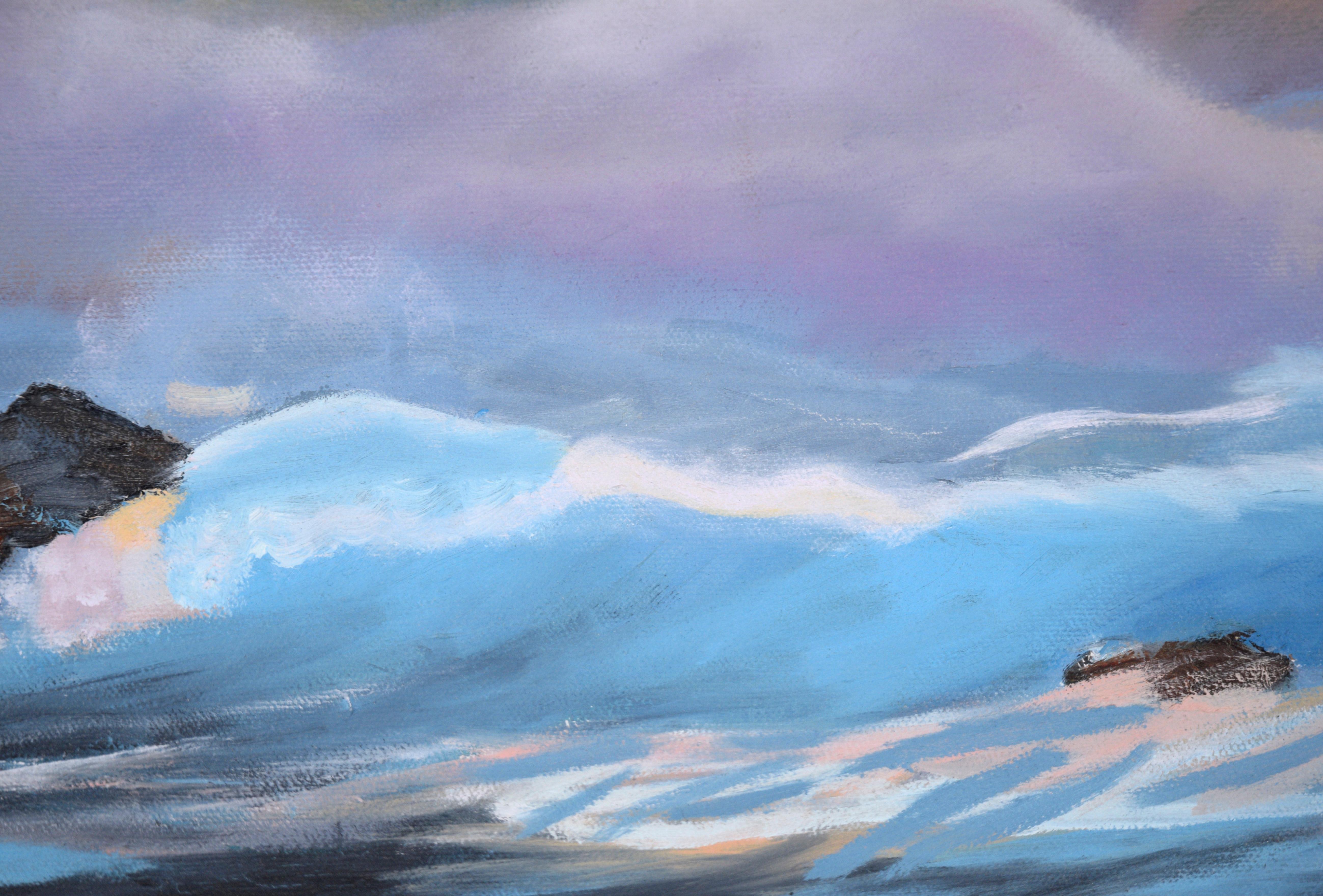 Waves Crashing Under Purple Clouds – Meereslandschaft, Original, Öl auf Leinwand im Angebot 2