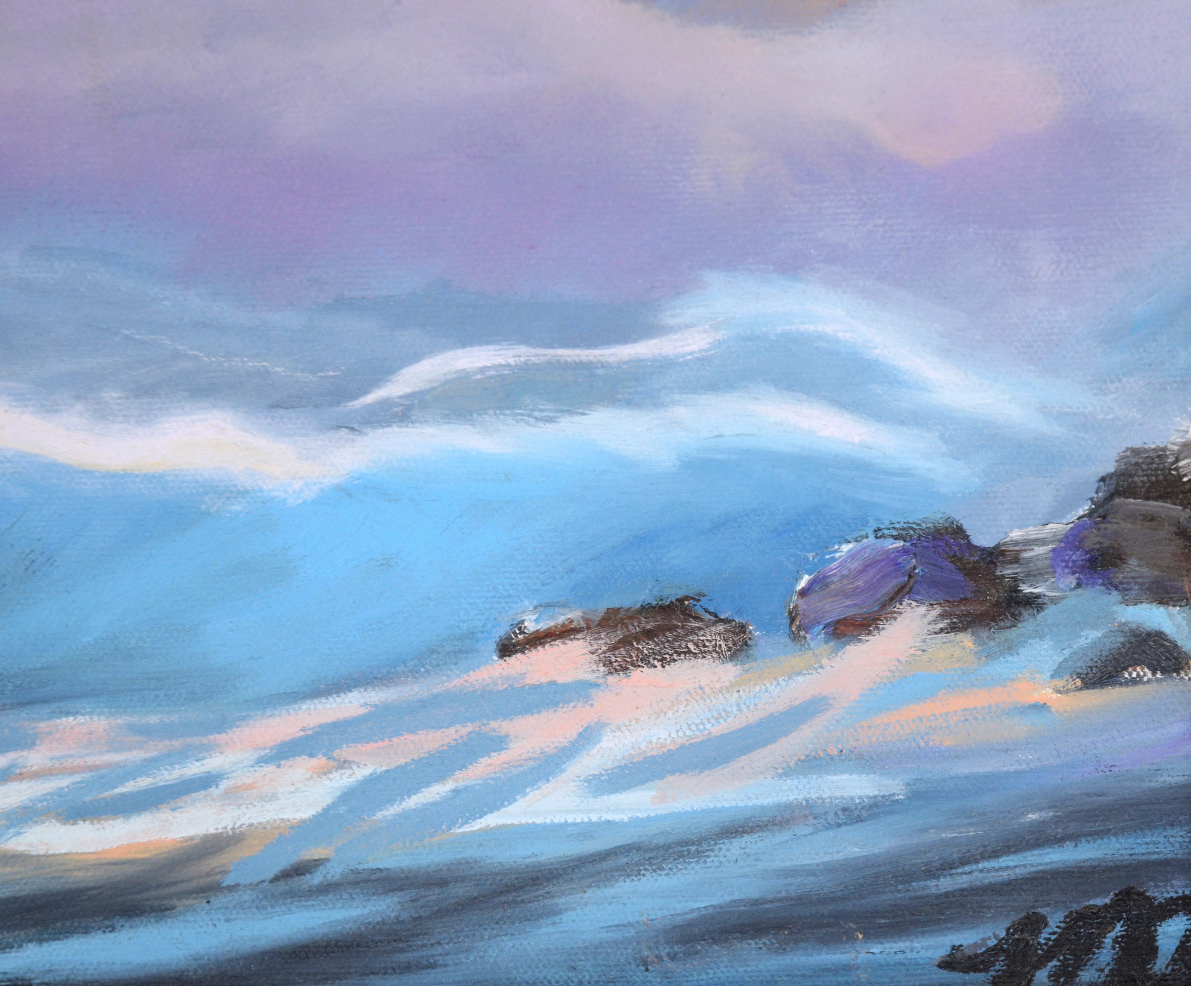 Waves Crashing Under Purple Clouds – Meereslandschaft, Original, Öl auf Leinwand im Angebot 3