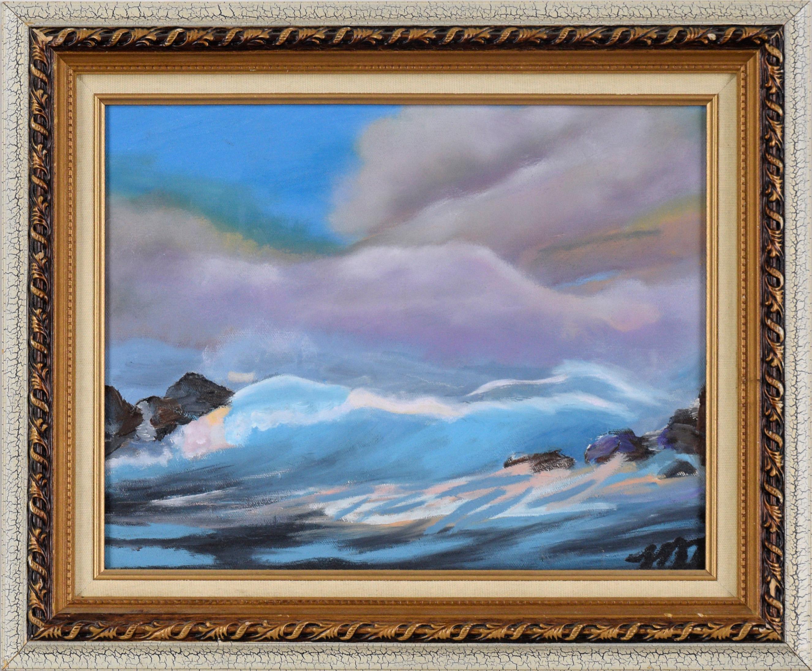 Mai Tracy Kikuchi Landscape Painting - Waves Crashing Under Purple Clouds - Seascape Original Oil on Canvas