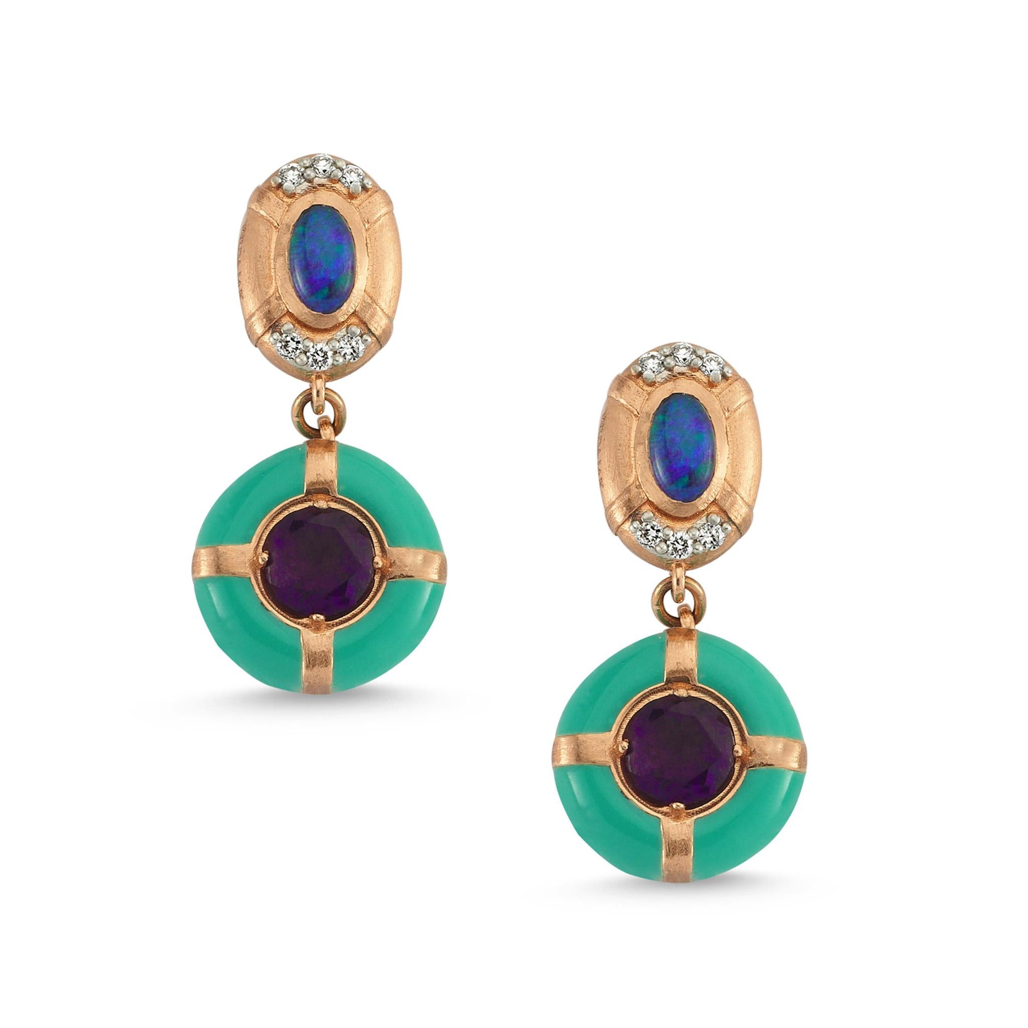 Maia 14k rose gold earrings with enamel & amethyst by Selda Jewellery

Additional Information:-
Collection: Treasures of the Sea Collection
14k Rose gold
0.09ct White diamond
0.15ct Blue opal
0.94ct Amethyst
Around the amethyst is turquoise enamel