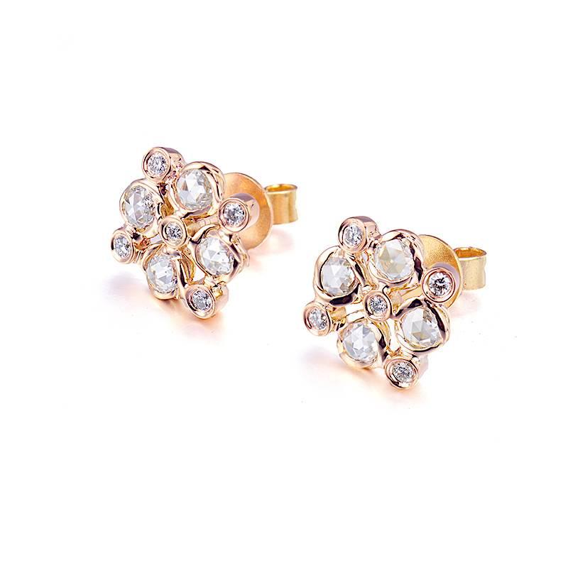 Maia studs is from JeweLyrie's Allongé collection, each featuring 4 rose-cut white diamonds,  hand set in JeweLyrie signature twist bezels, punctuated with small brilliant cut bezel set diamonds, arranged in checker pattern. Total 0.35 carat