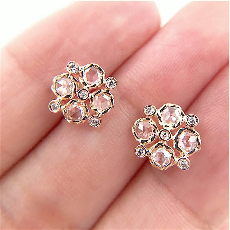 Rose Cut Maia Rose-Cut Diamond Checker Cluster Stud Earrings 18k For Sale