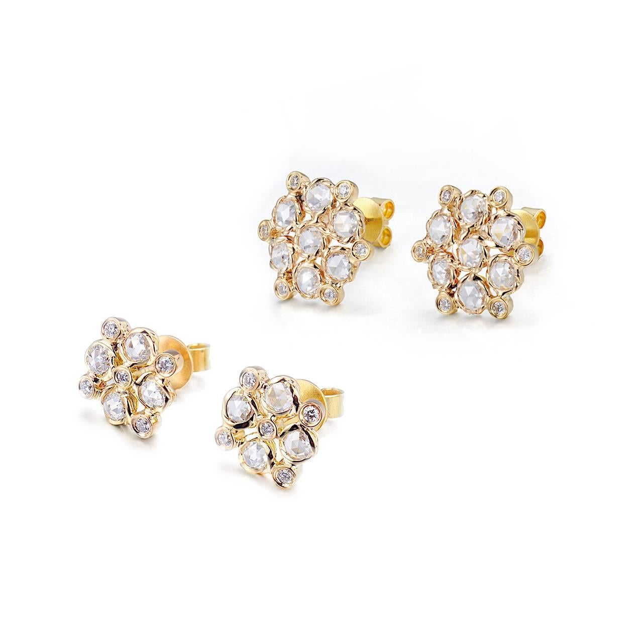Maia Rose-Cut Diamond Checker Cluster Stud Earrings 18k In New Condition For Sale In Paterson, NJ