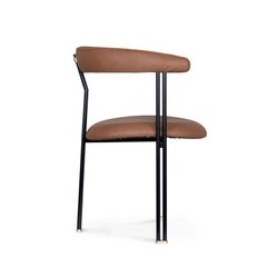 Maia Chair with Armrests Black Lacquered Metal Premium Italian Leather Caramel