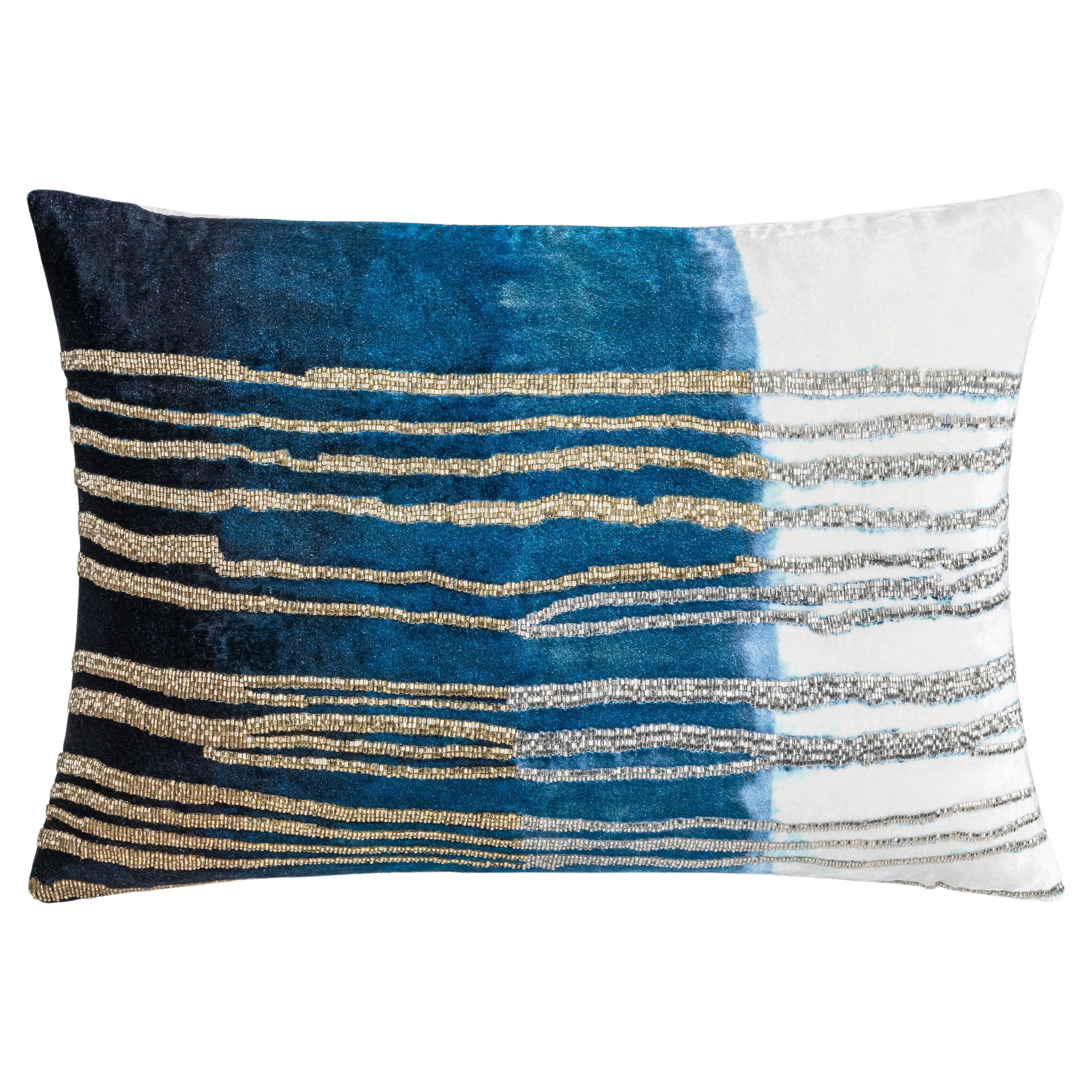 Maia Blue Embroidered Lumbar Pillow For Sale