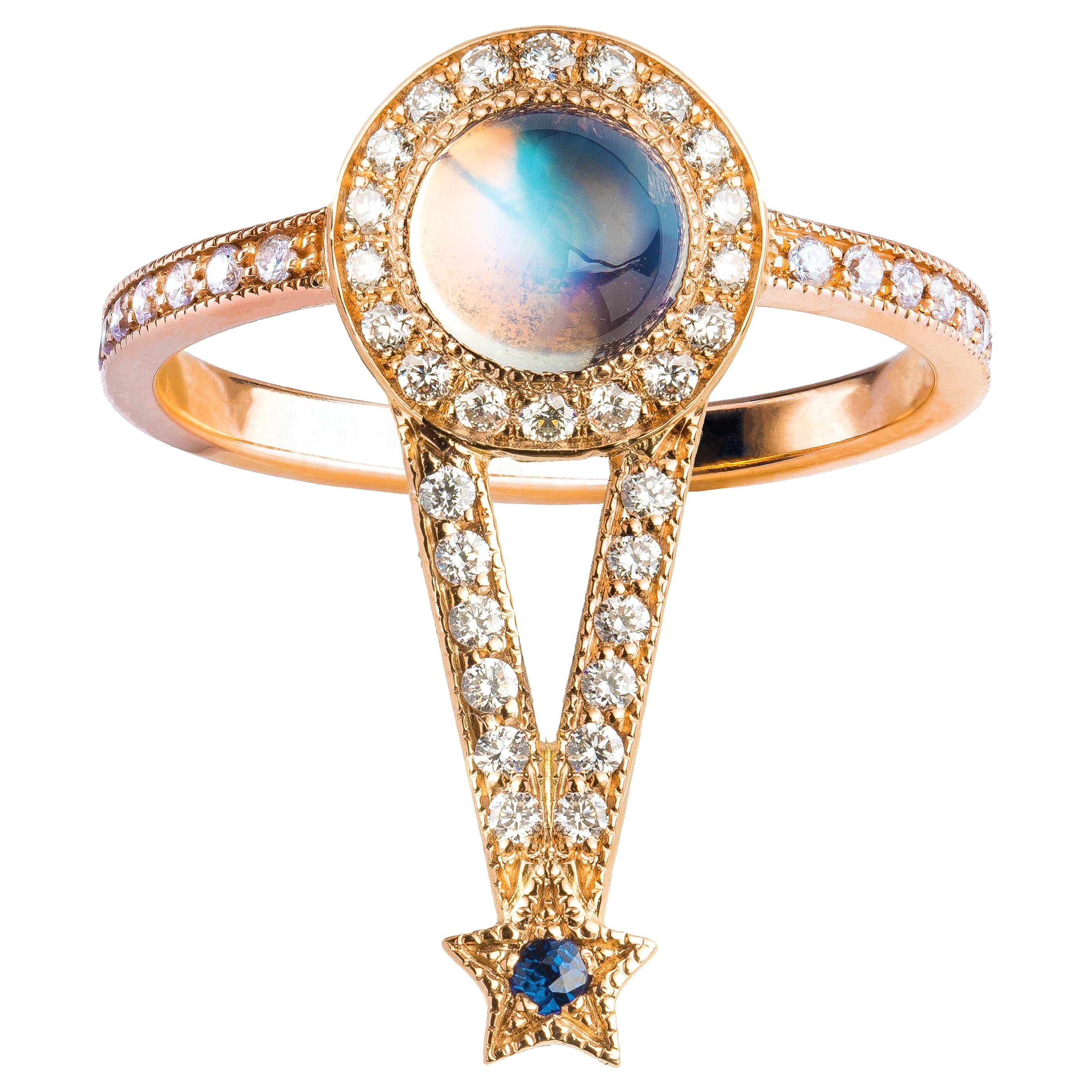 Maia Ring, Rainbow Moonstone, Diamonds, Blue Sapphire, 18 Karat Rose Gold For Sale