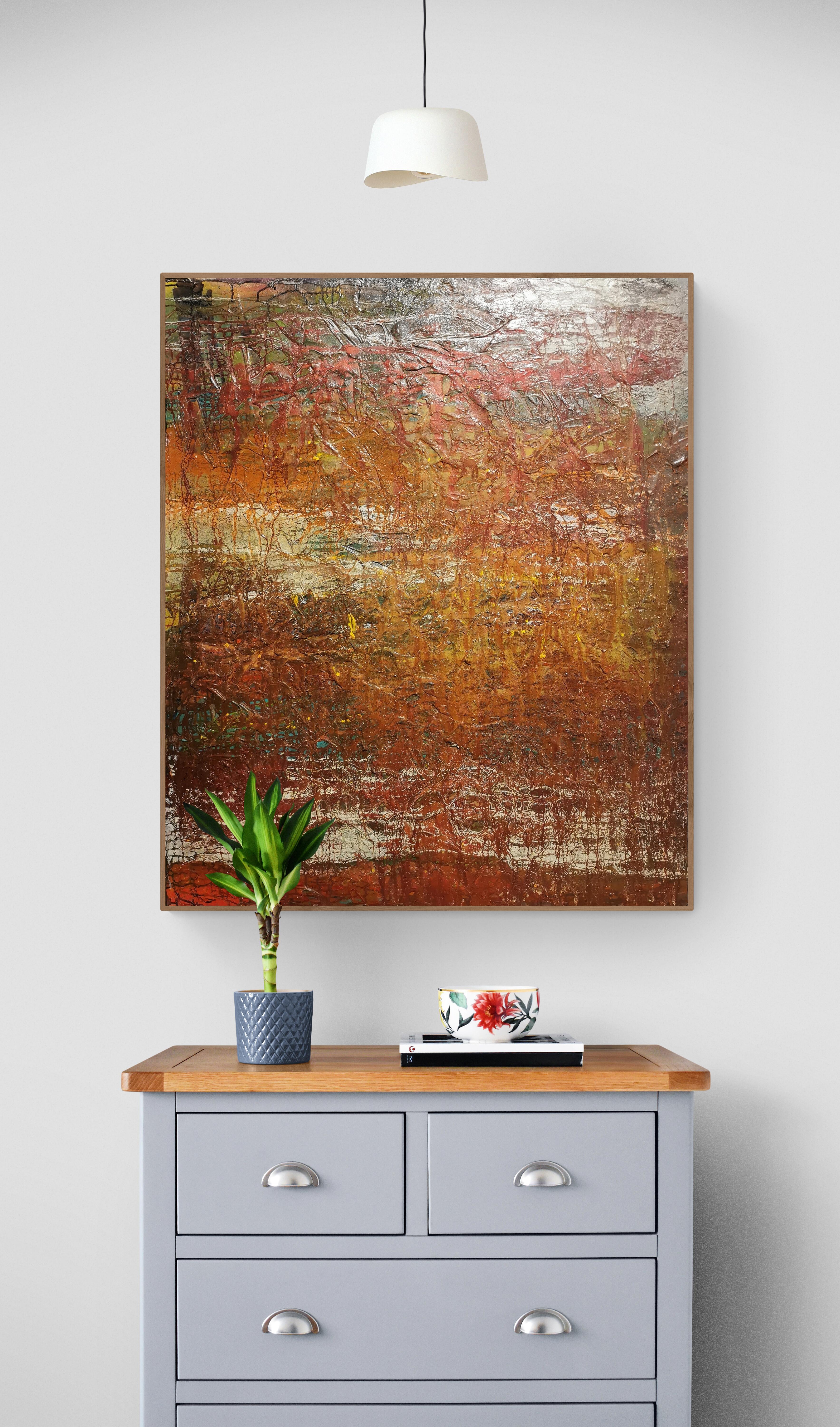 A unique, expressive, abstract artwork, with thick impasto paint and earth, burnt colours. Includes a Certificate of Authenticity. Framing on request.