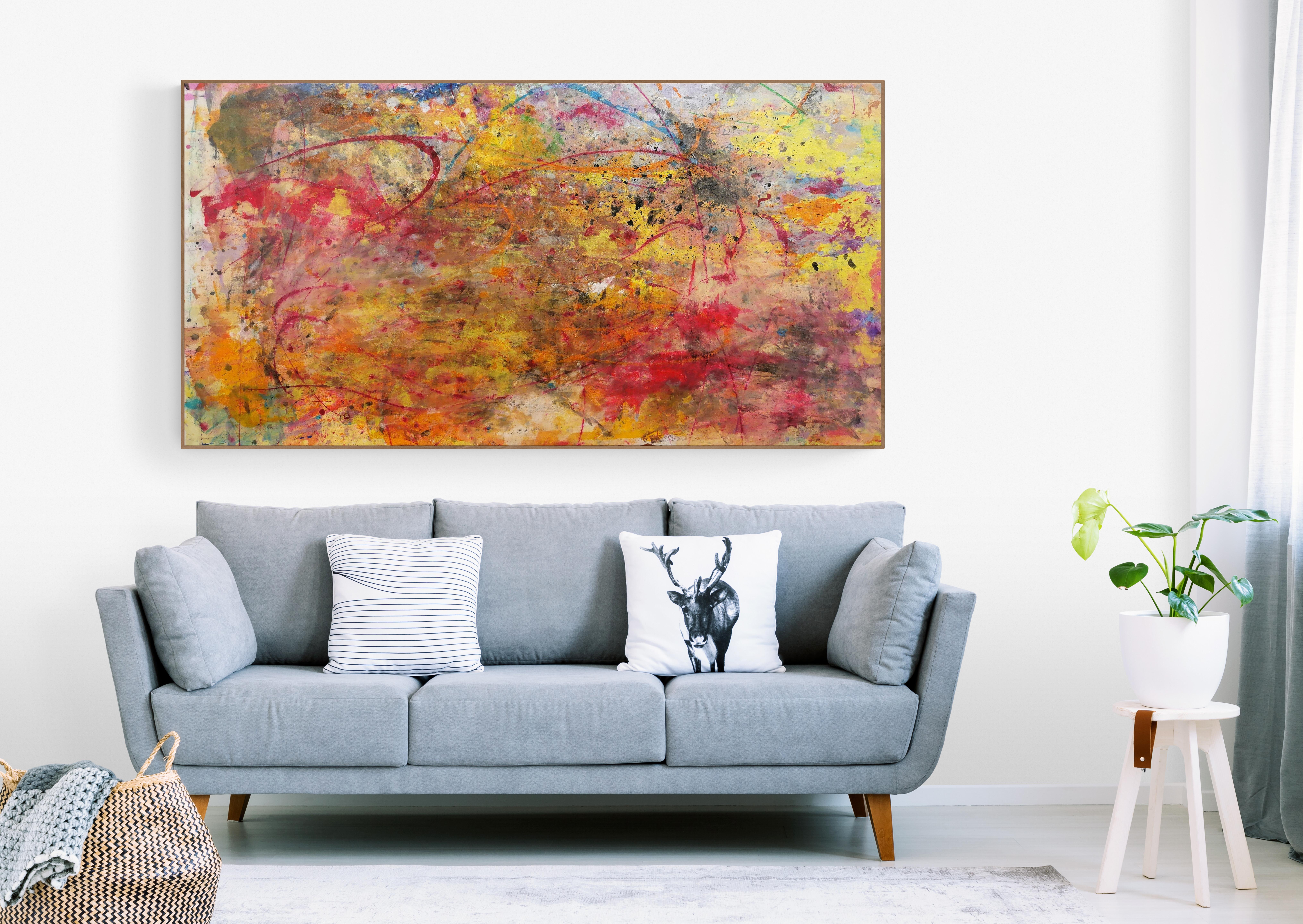 A unique, large scale, expressive artwork, with splattered paint and vivid colours. Includes a Certificate of Authenticity.