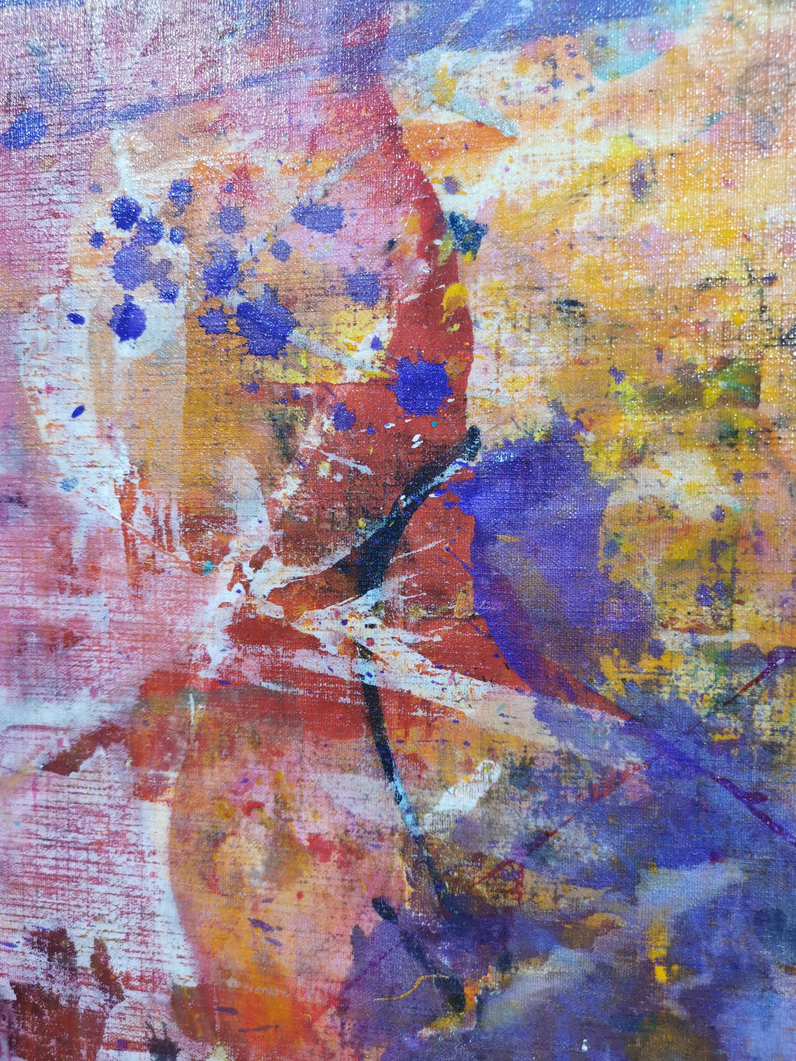 A unique, large scale, expressive artwork, with splattered paint and vivid colours. Includes a Certificate of Authenticity. Framing on request.