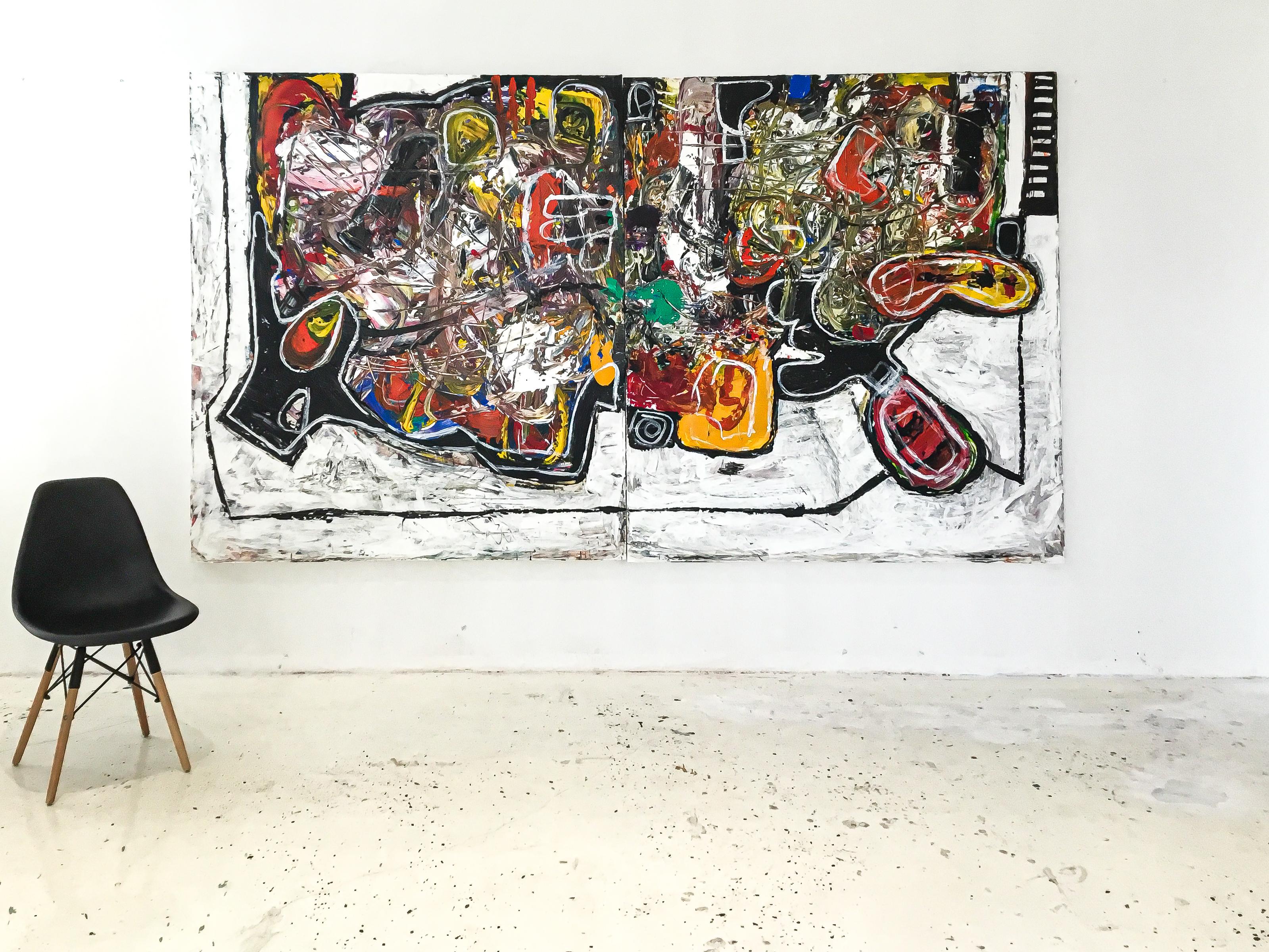 Großes abstraktes Gemälde in Acryl auf Leinwand mit doppelter Tafel, „Equivocal“ – Painting von Maico Camilo