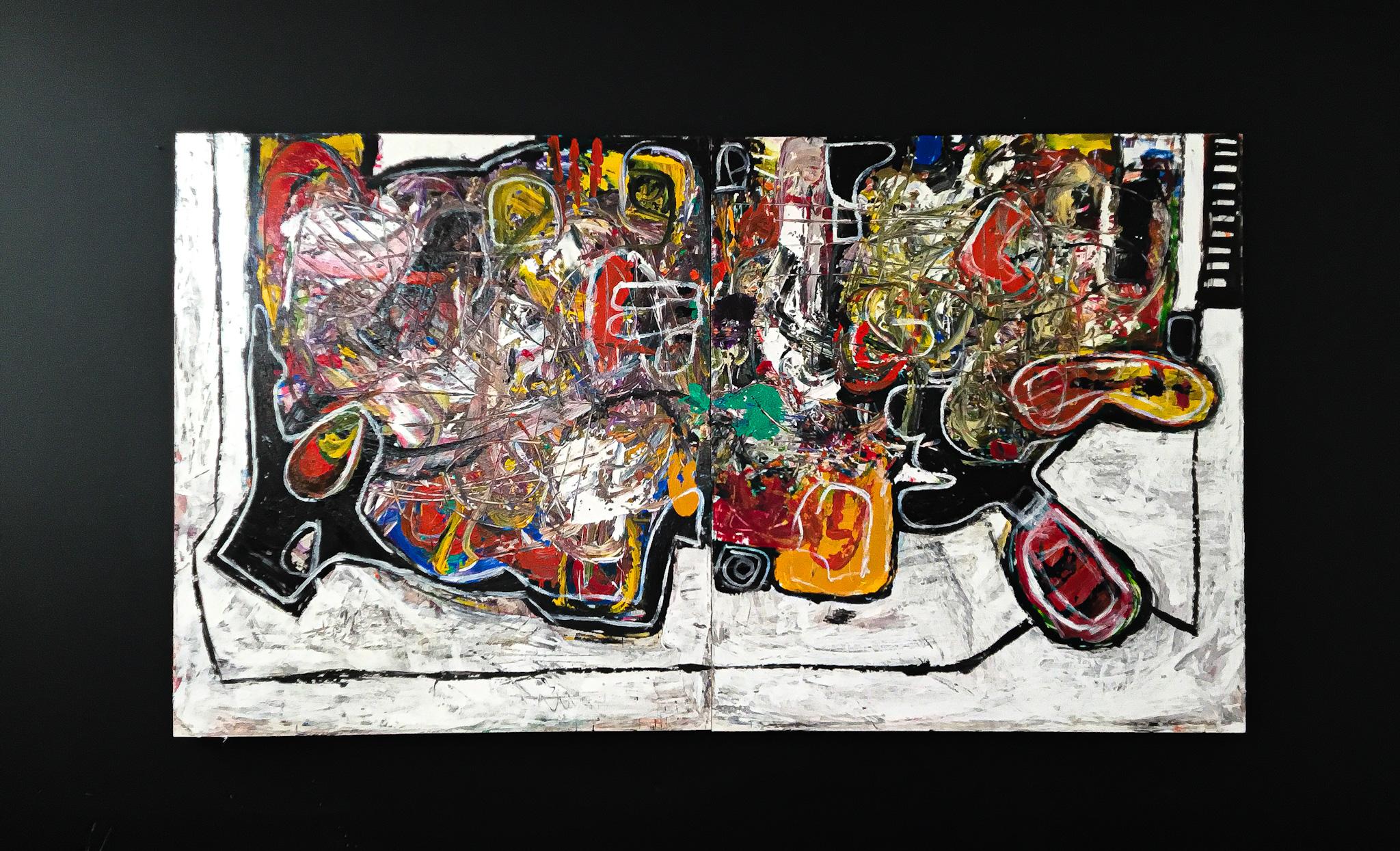 Großes abstraktes Gemälde in Acryl auf Leinwand mit doppelter Tafel, „Equivocal“ (Abstrakter Expressionismus), Painting, von Maico Camilo