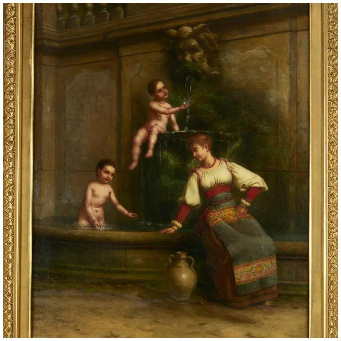 Hand-Painted Maiden and Cherubs at the Well Oil Painting by George Henry Hall Dated 1892 For Sale