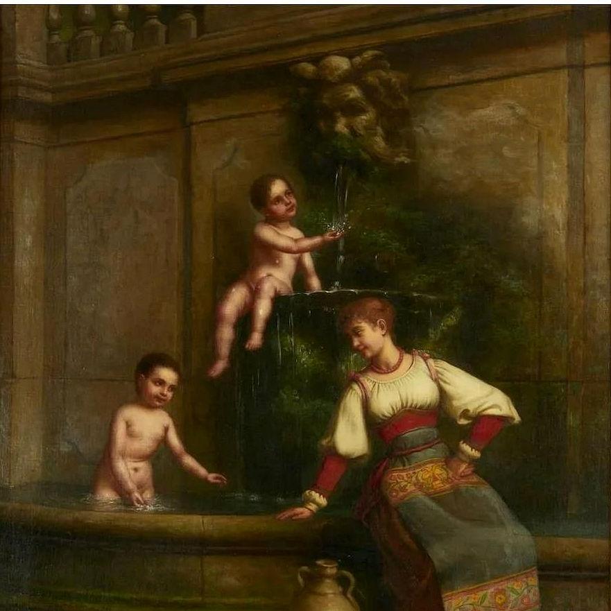 Maiden and Cherubs at the Well Oil Painting by George Henry Hall Dated 1892 In Good Condition For Sale In New York, NY