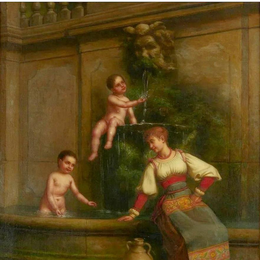 19th Century Maiden and Cherubs at the Well Oil Painting by George Henry Hall Dated 1892 For Sale