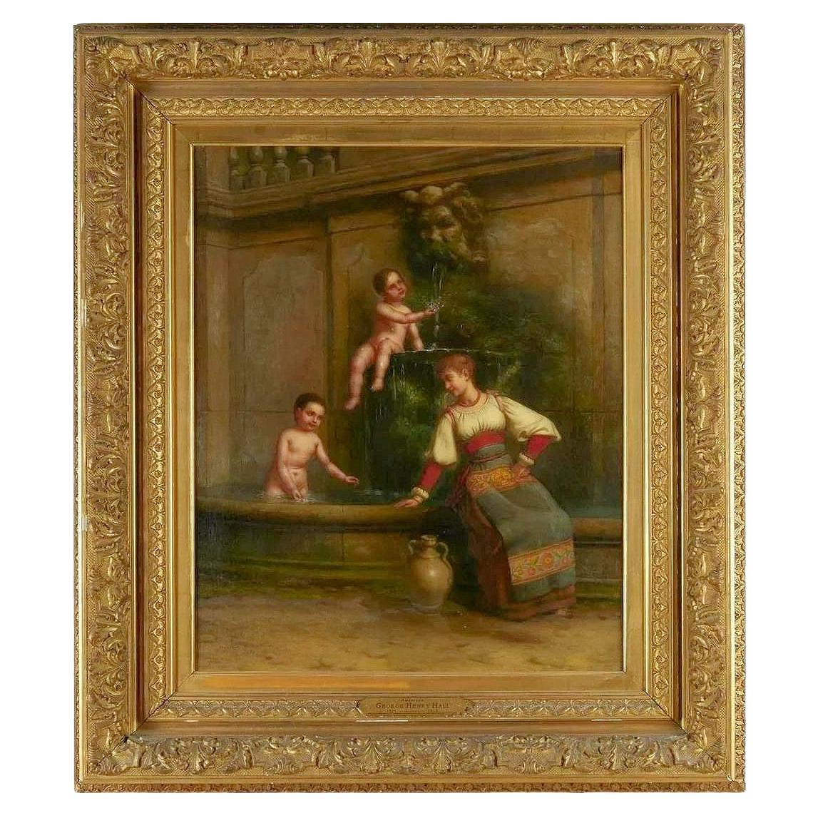 Maiden and Cherubs at the Well Oil Painting by George Henry Hall Dated 1892