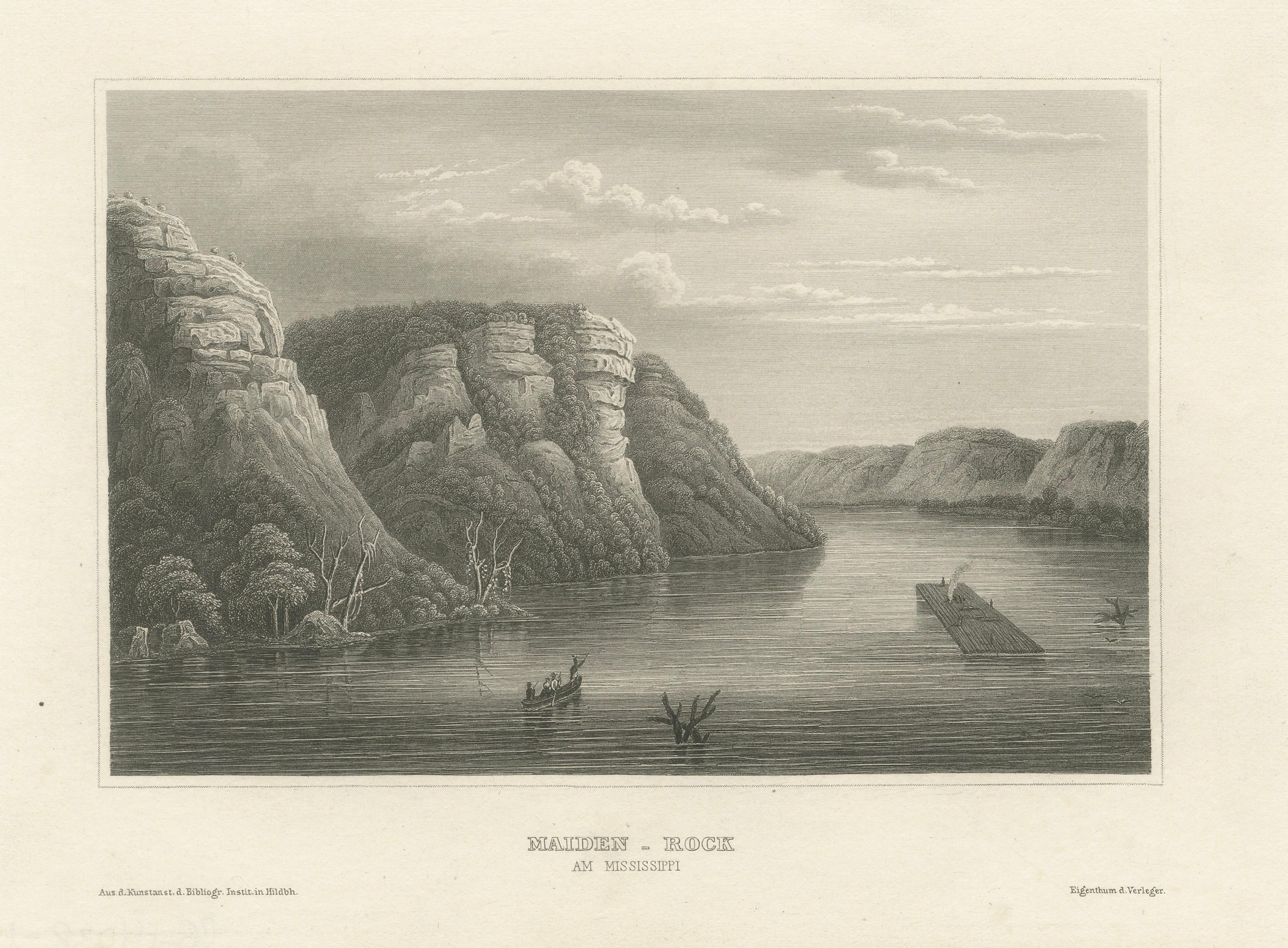 Maiden Rock Mississippi River, Antique Steel Engraving c.1850