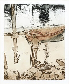 « Craft Hunt », gravure figurative monochrome d'un paysage avec bateau