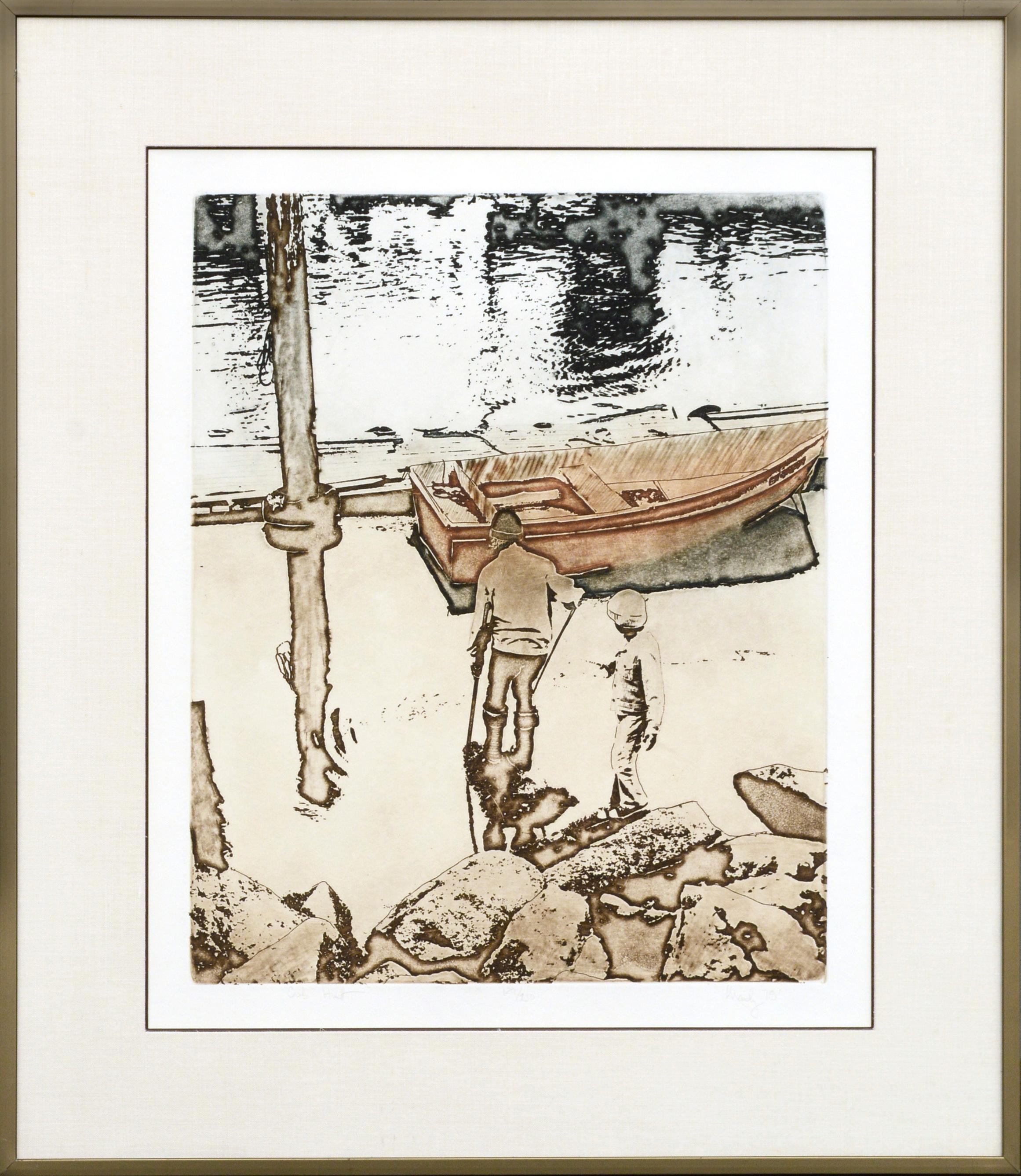 "Crab Hunt", Monochromatic Figurative Landscape Etching with Boat