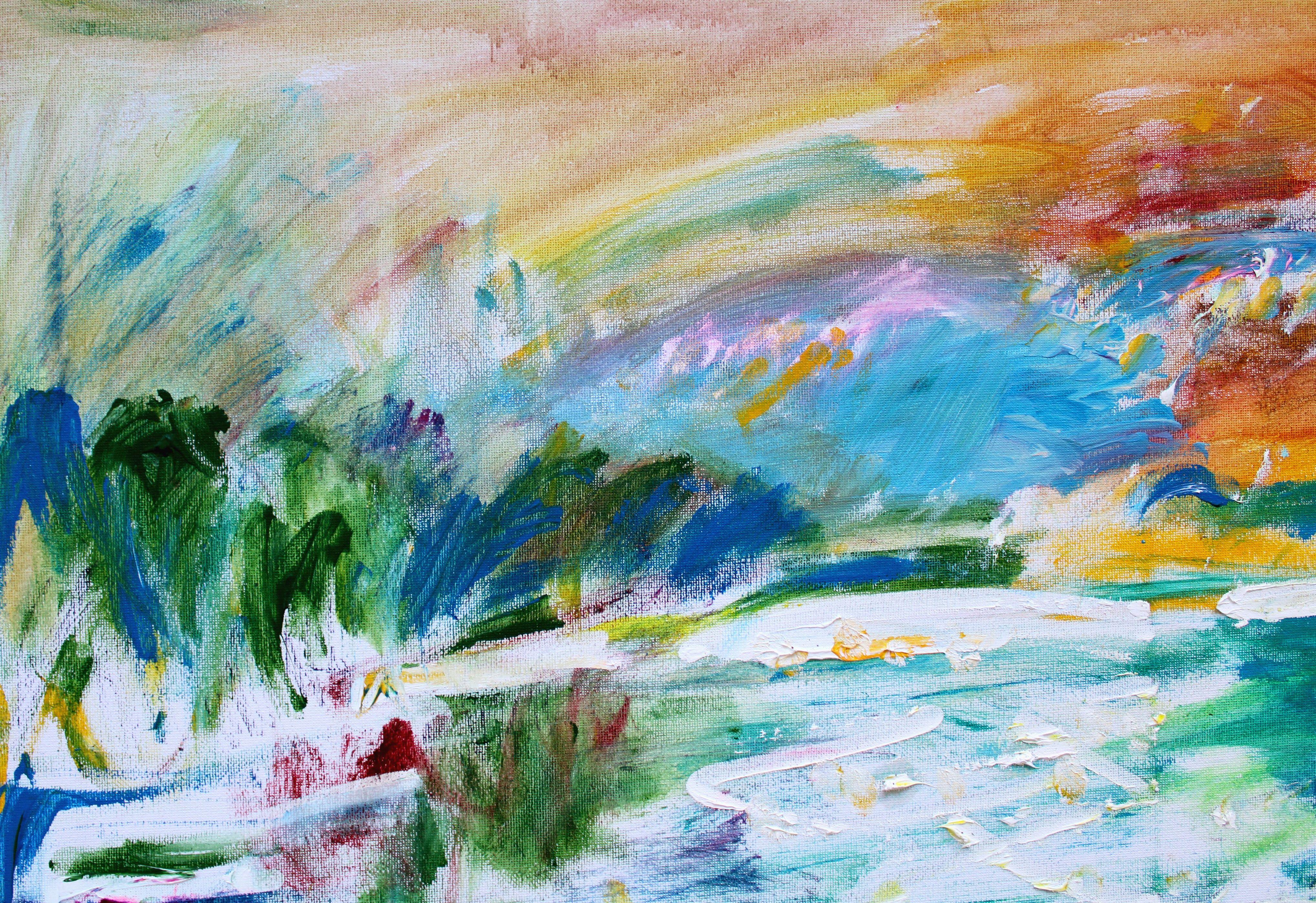 Tramonto sulla Dunava. 2022, tela, tecnica originale, 60x80 cm - Landscape Painting Beige di Maija Berzina 