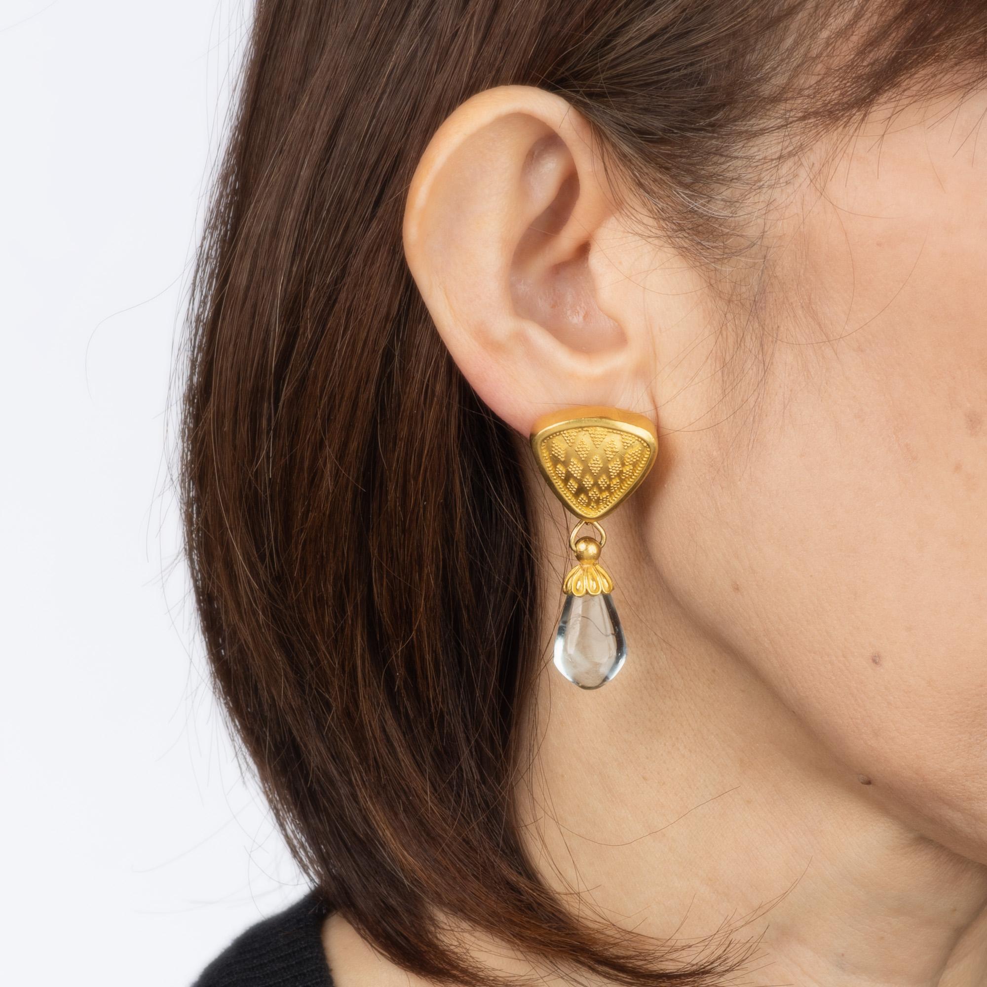 Modern Maija Neimanis Aquamarine Earrings Estate 22k 18k Yellow Gold Drops Fine Jewelry For Sale