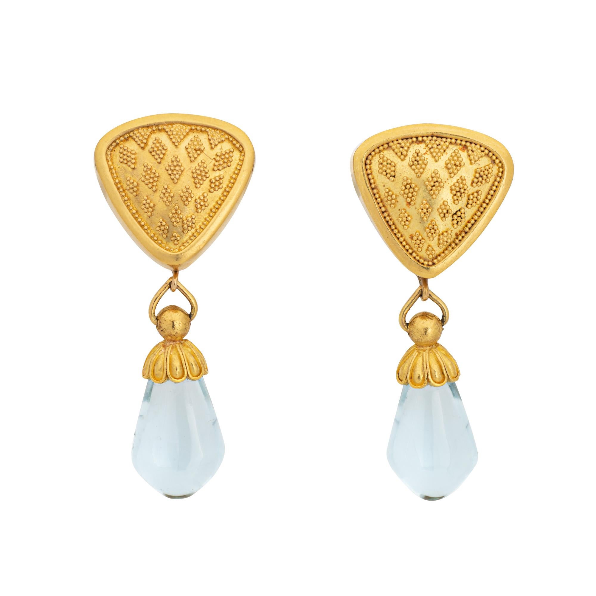 Taille briolette Maija Neimanis Aquamarine Earrings Estate 22k 18k Yellow Gold Drops Fine Jewelry en vente