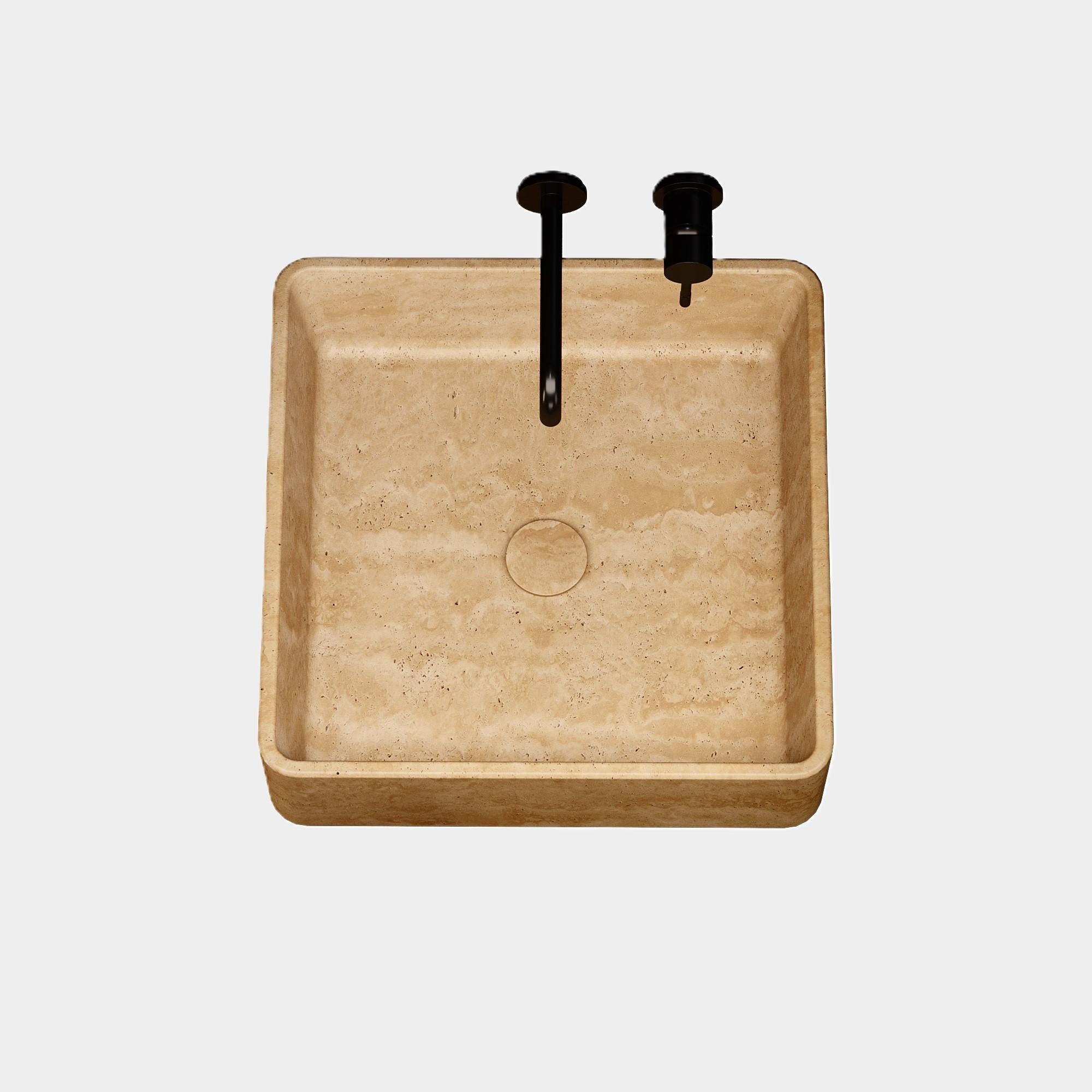 Hand-Crafted Maiken - Square Marble Basin - Beige Travertine For Sale