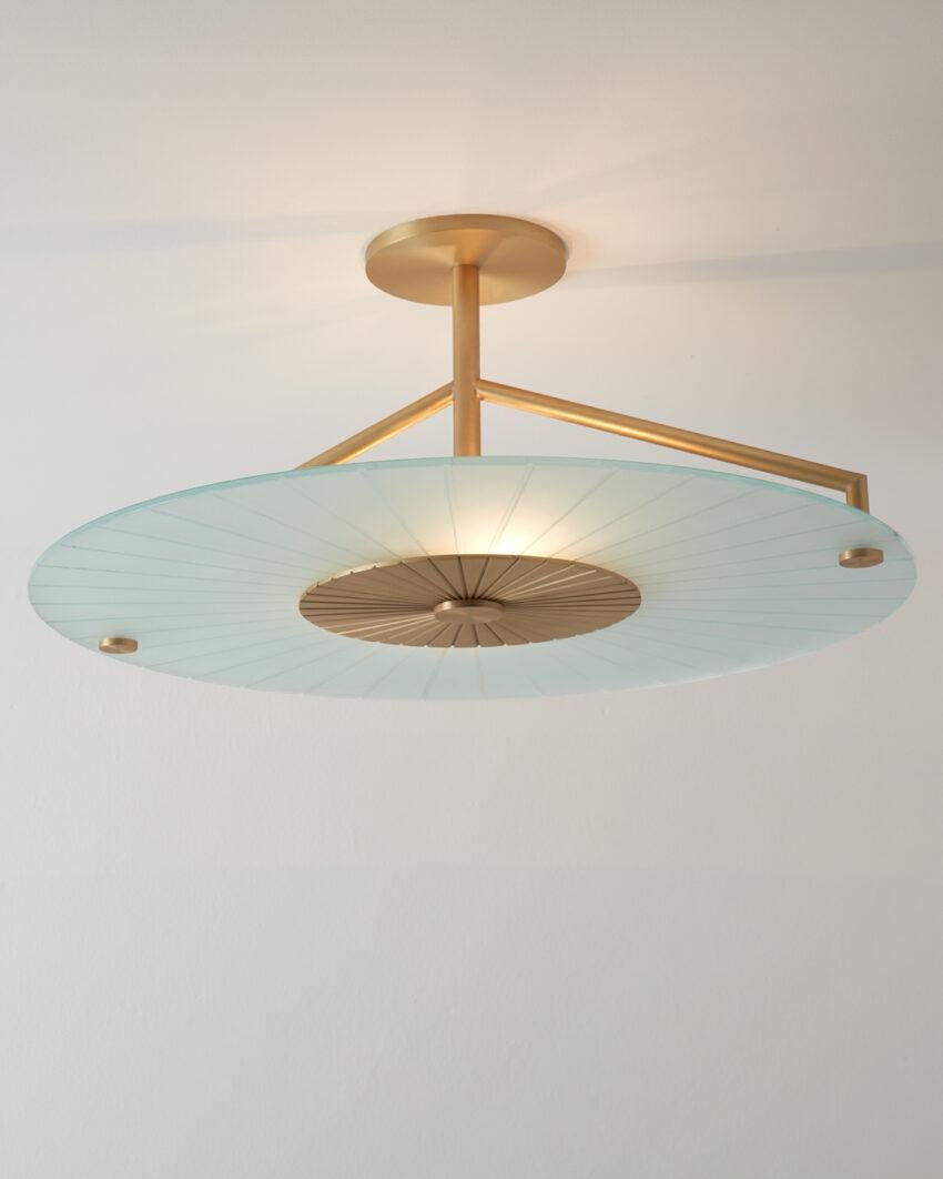 Maiko Brushed Brass Ceiling Mounted Lamp by Carla Baz
Dimensions: Ø 63 x H 27 cm.
Materials: Brushed brass and clear glass.
Weight: 8 kg.

Available in verdigris metal, brushed brass, copper or bronze finishes. Please contact us. 

Maiko lighting